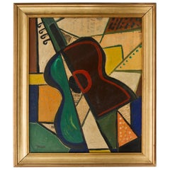 Mixed Medium on Board Cubist Painting of a Guitar