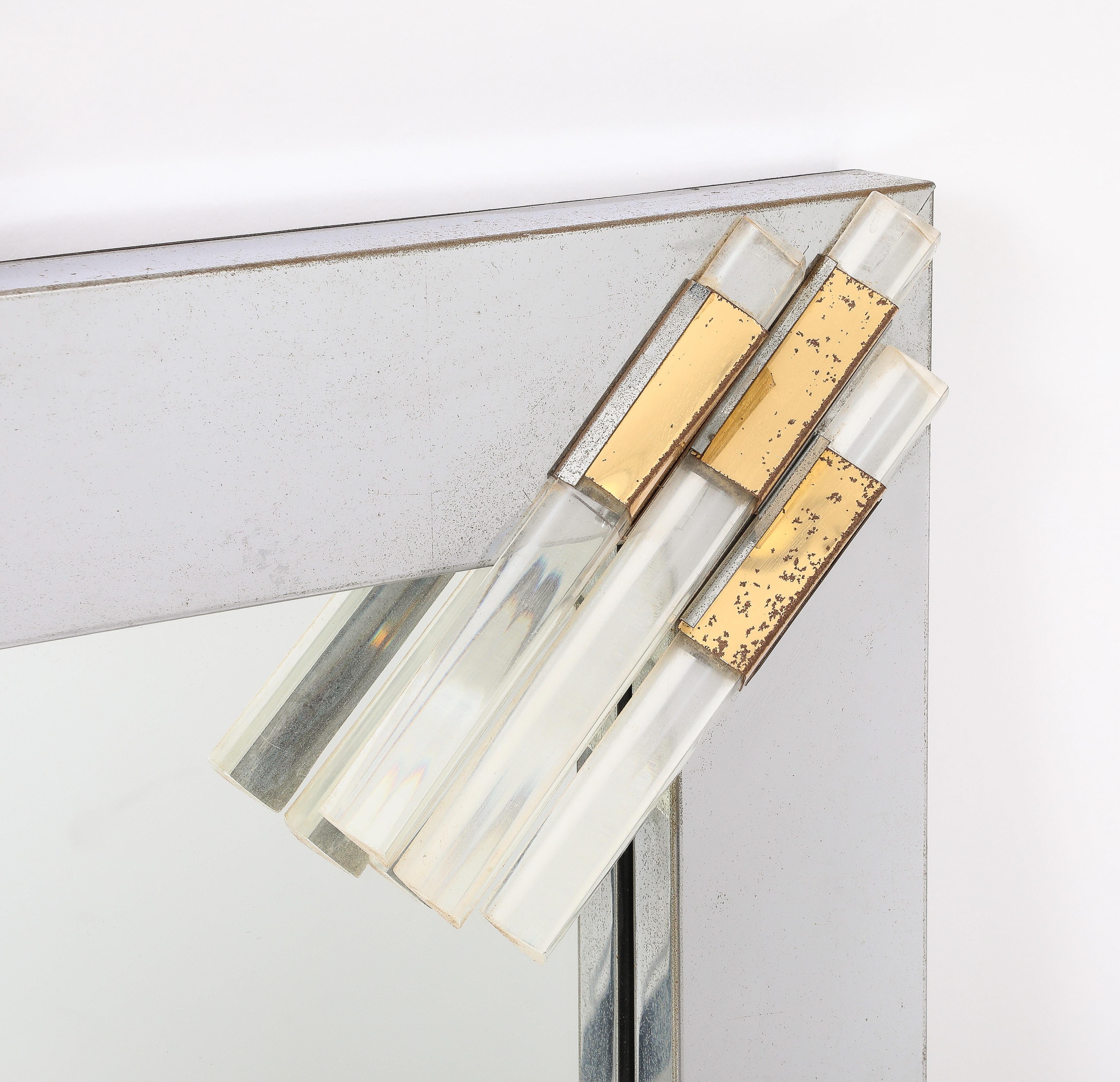 Brass Mixed Metal and Lucite Studio Mirror, France 1950's For Sale