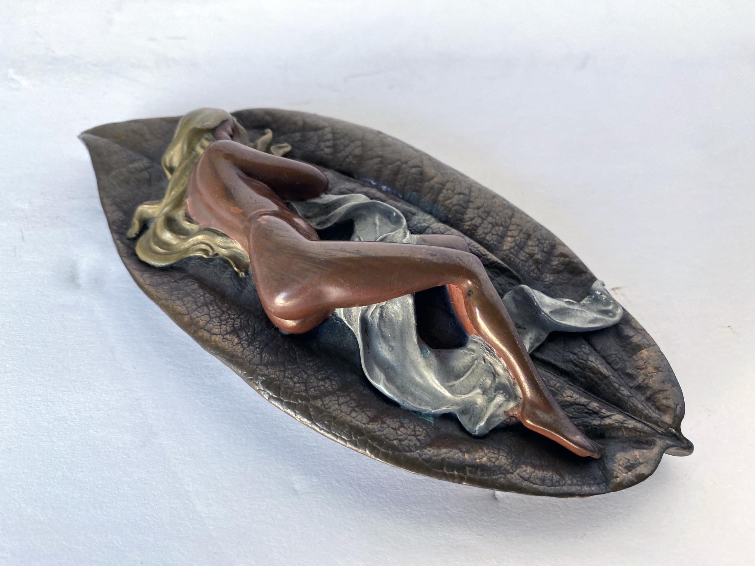 American Mixed Metal Art Deco Nude Female on Leaf Figural Ashtray