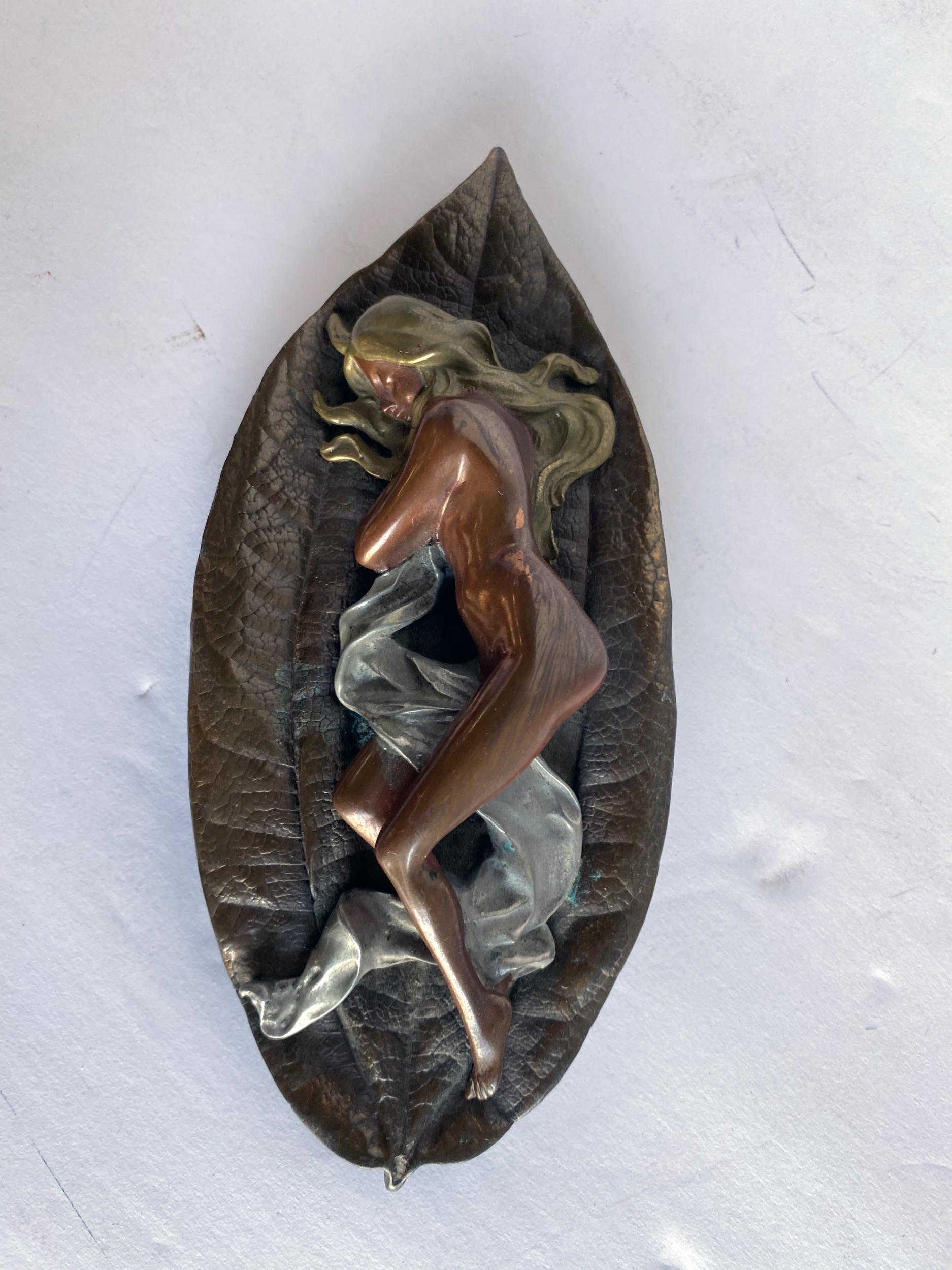 Mid-20th Century Mixed Metal Art Deco Nude Female on Leaf Figural Ashtray