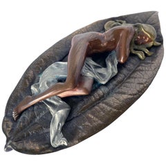 Mixed Metal Art Deco Nude Female on Leaf Figural Ashtray