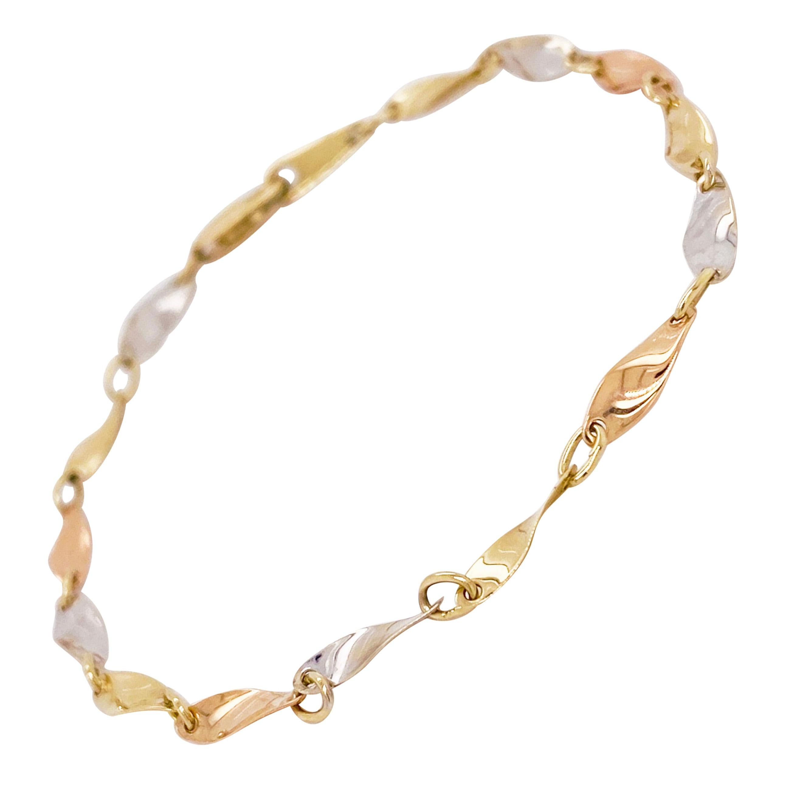 Bracelet en métal mélangé, bracelet tricolore en or rose, blanc et jaune 14 carats