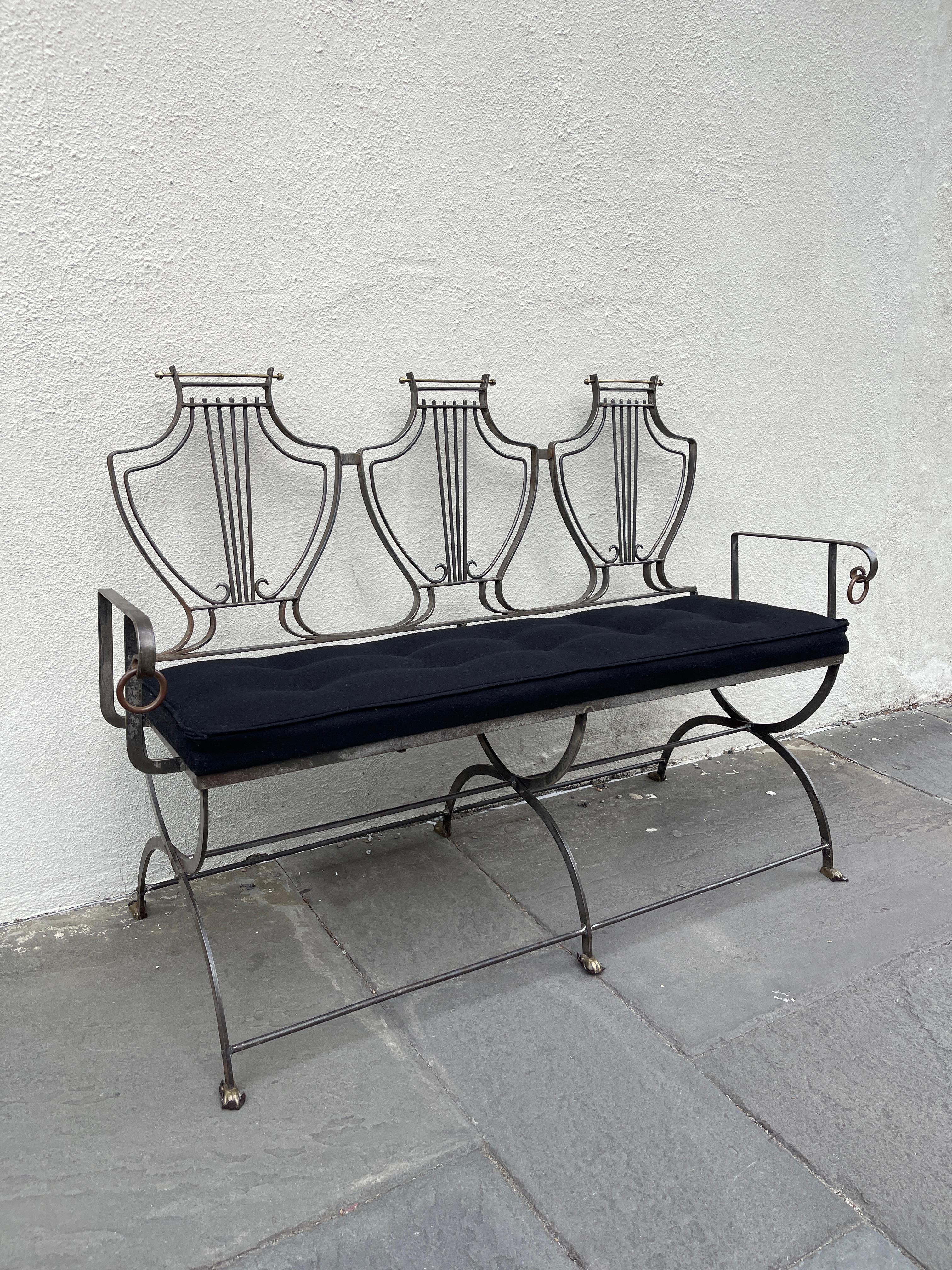 European Mixed Metal Brass and Iron Bench with Tufted Seat Bottom For Sale