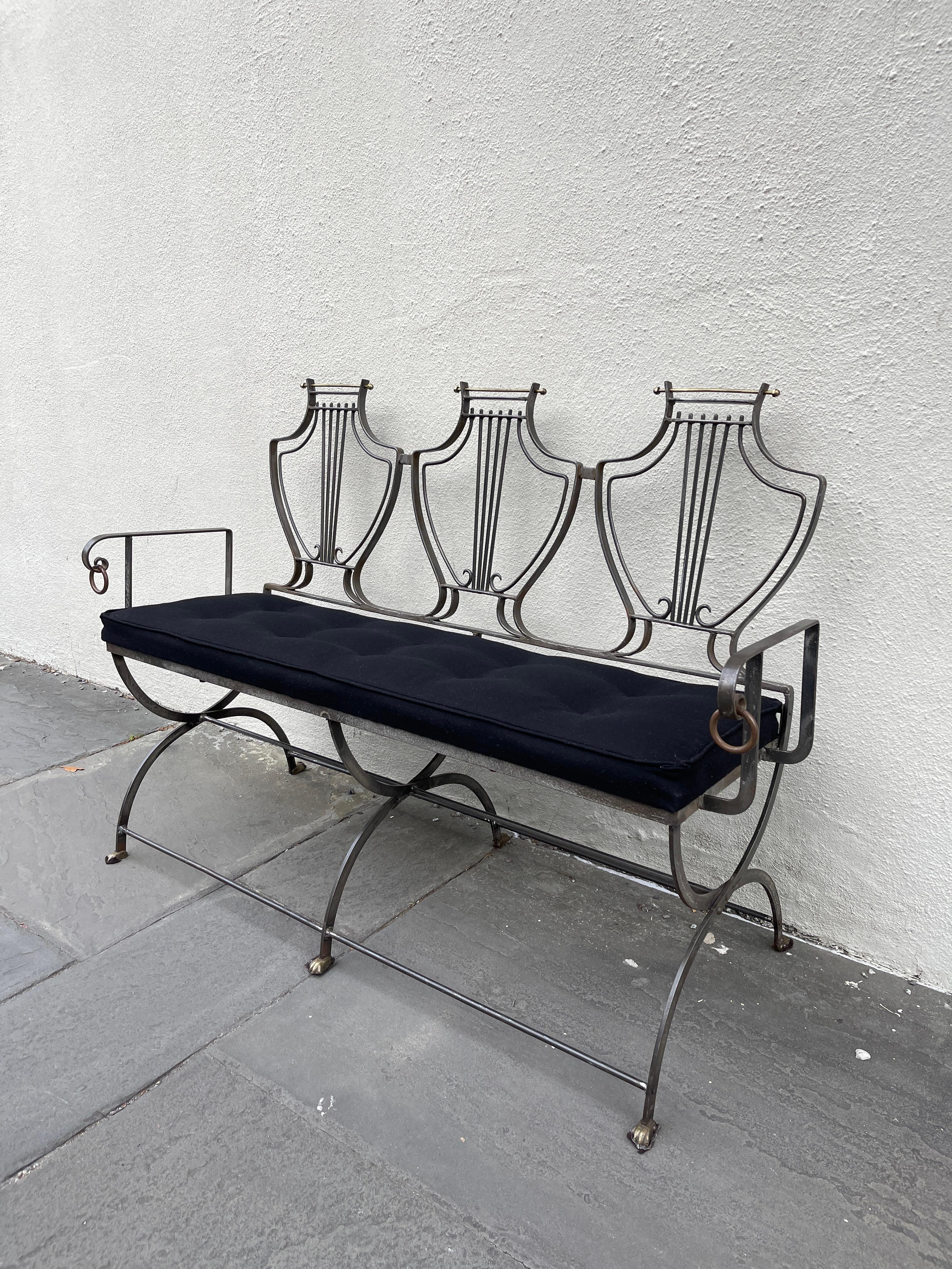 Mixed Metal Brass and Iron Bench with Tufted Seat Bottom In Good Condition For Sale In Charleston, SC