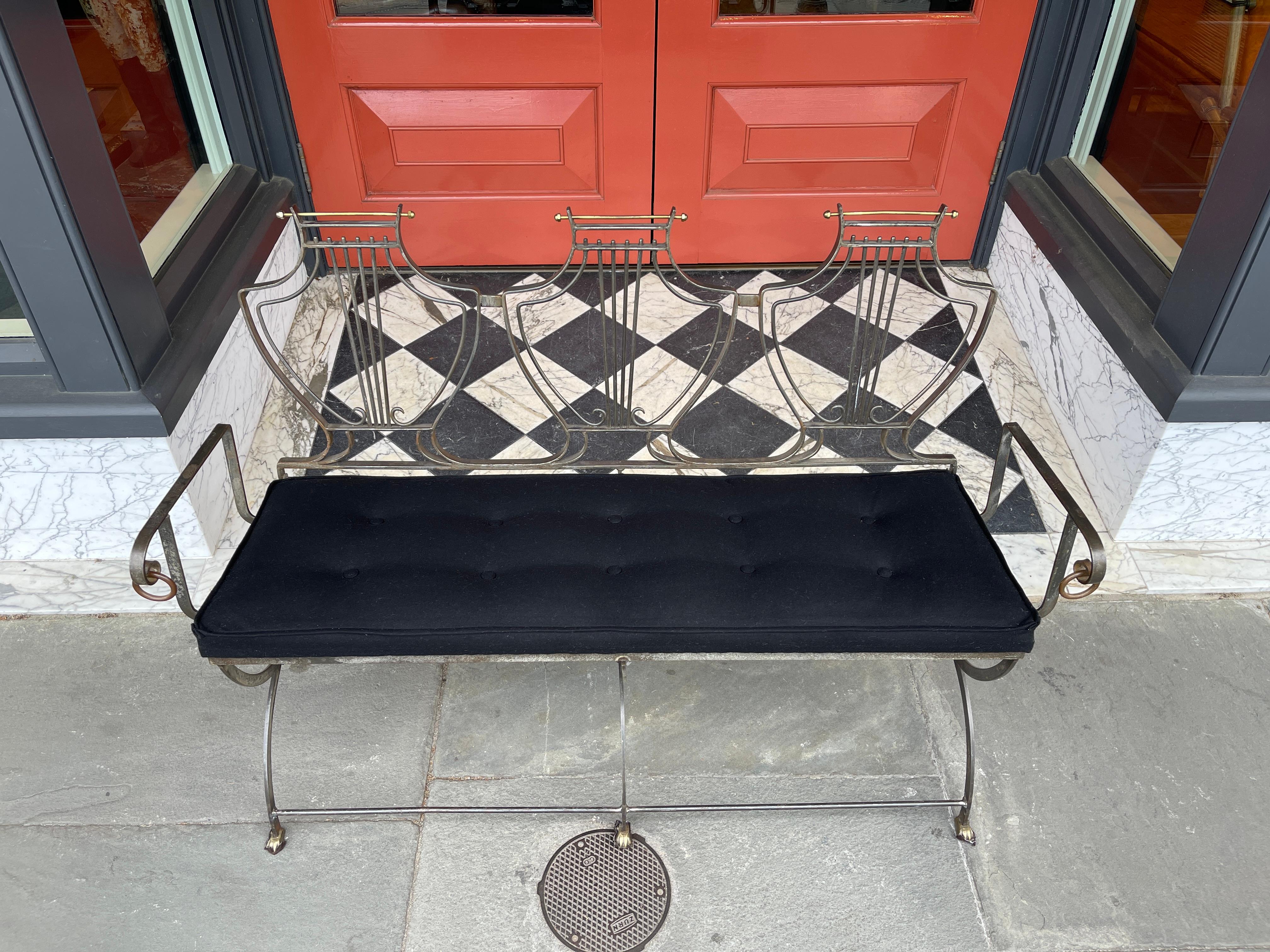 20th Century Mixed Metal Brass and Iron Bench with Tufted Seat Bottom For Sale