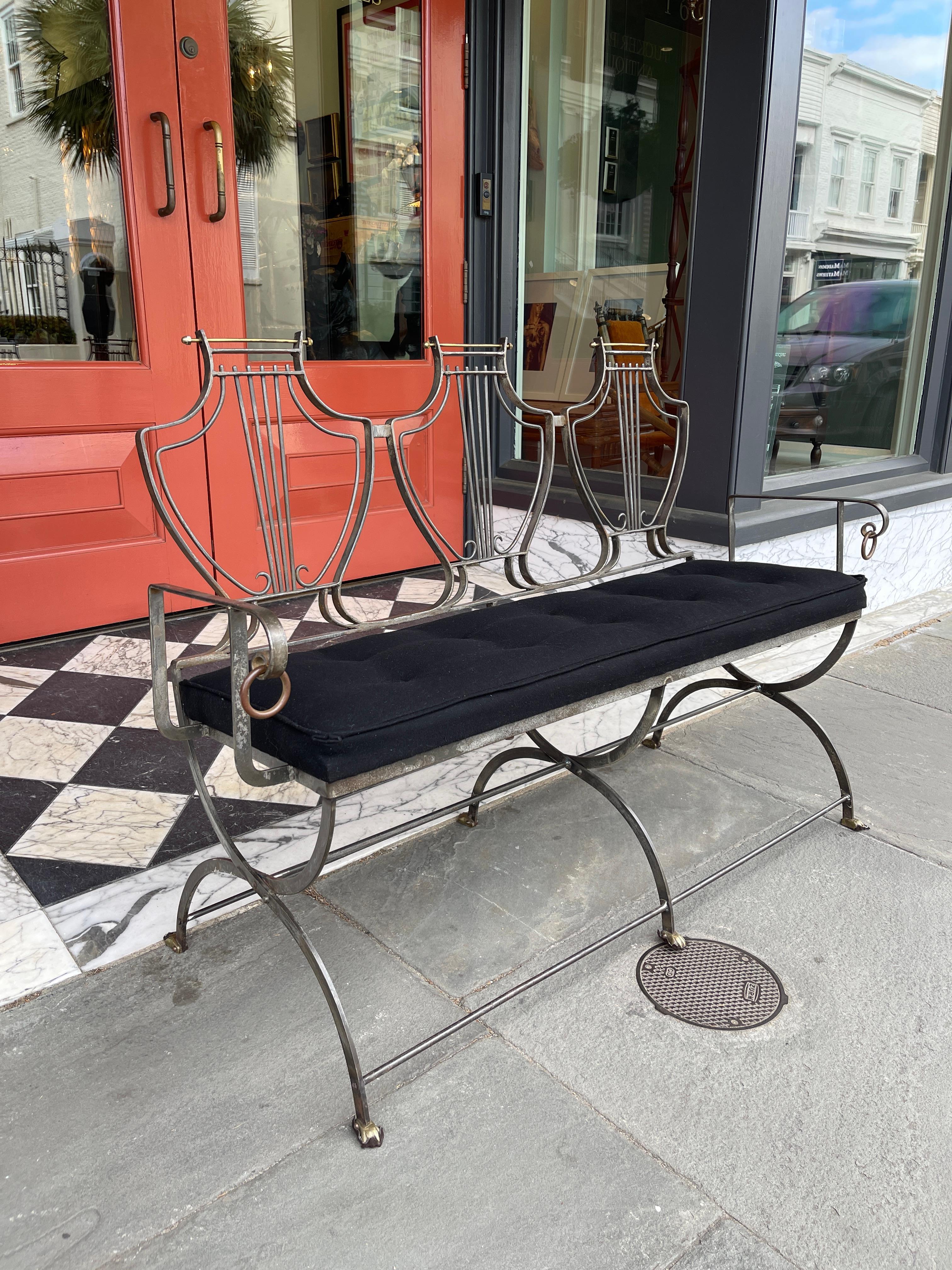 Mixed Metal Brass and Iron Bench with Tufted Seat Bottom For Sale 1
