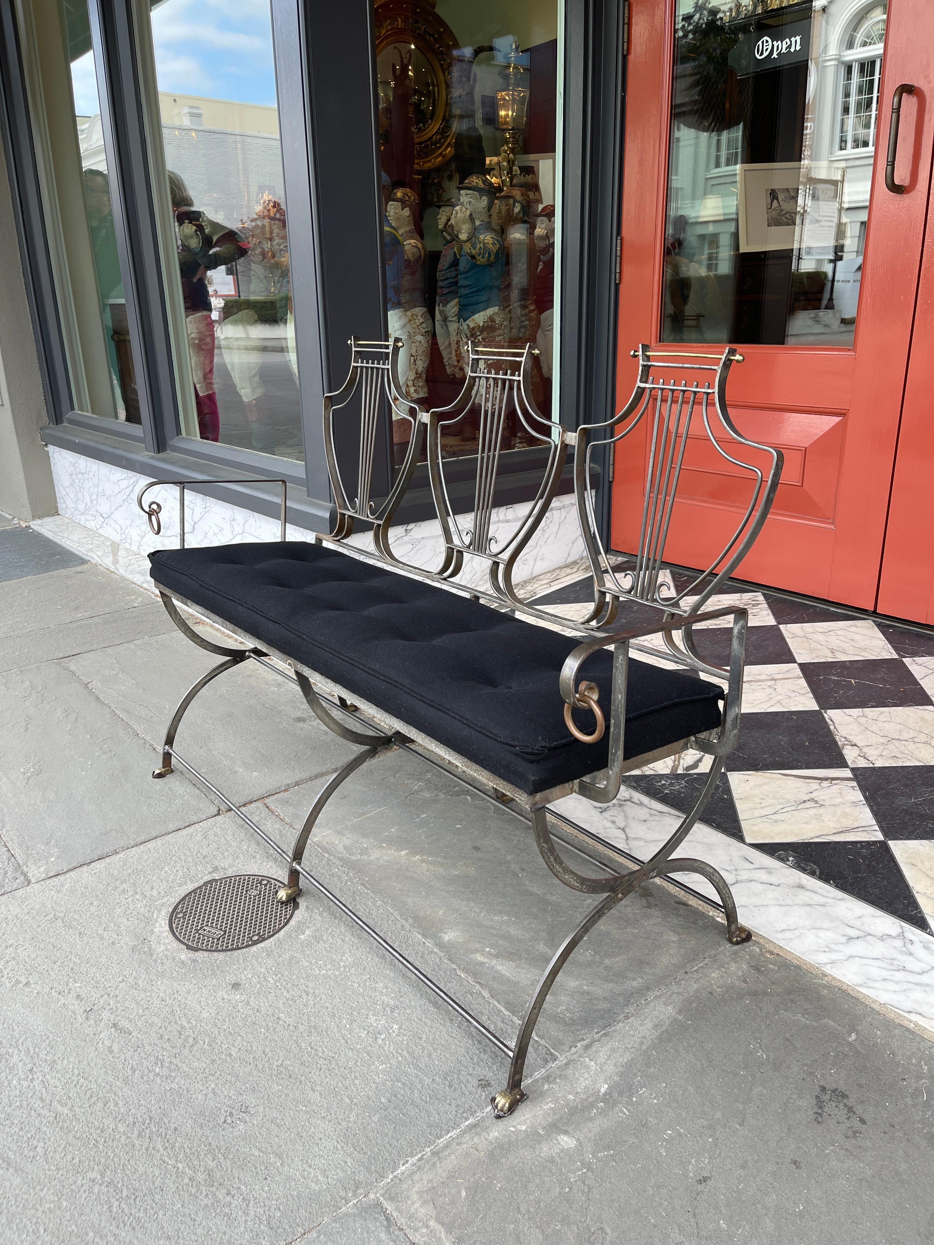 Mixed Metal Brass and Iron Bench with Tufted Seat Bottom For Sale 2