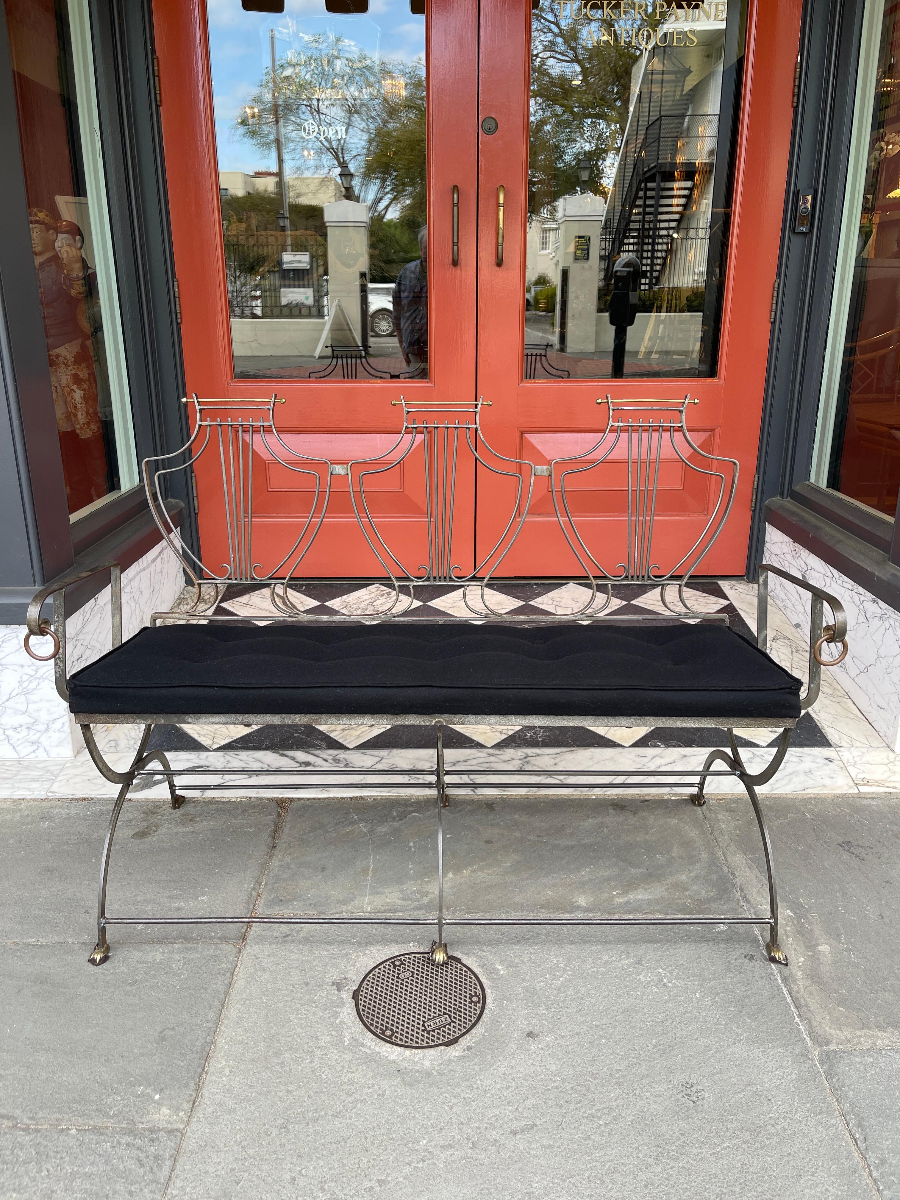 Mixed Metal Brass and Iron Bench with Tufted Seat Bottom For Sale 3