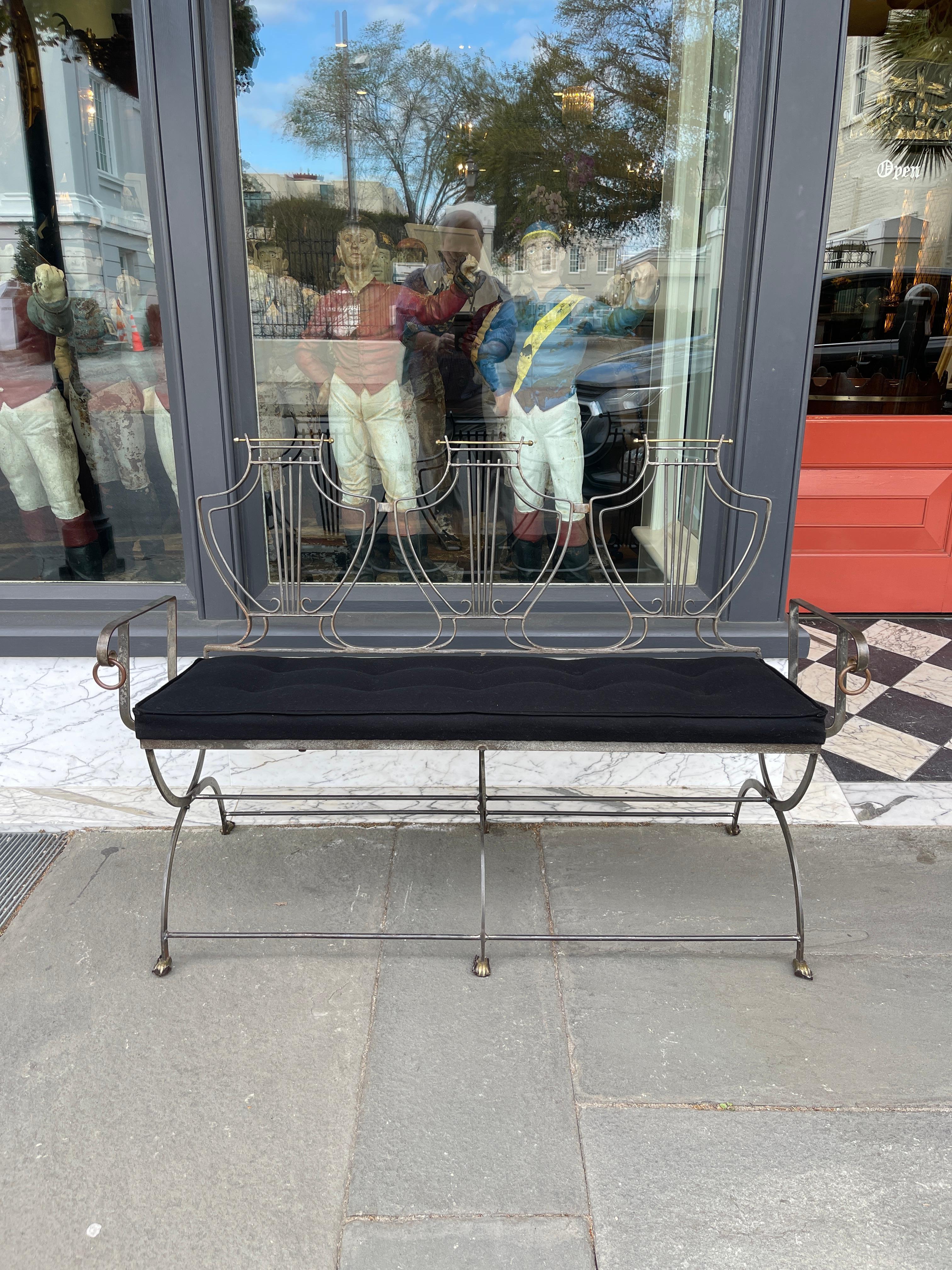 Mixed Metal Brass and Iron Bench with Tufted Seat Bottom For Sale 4