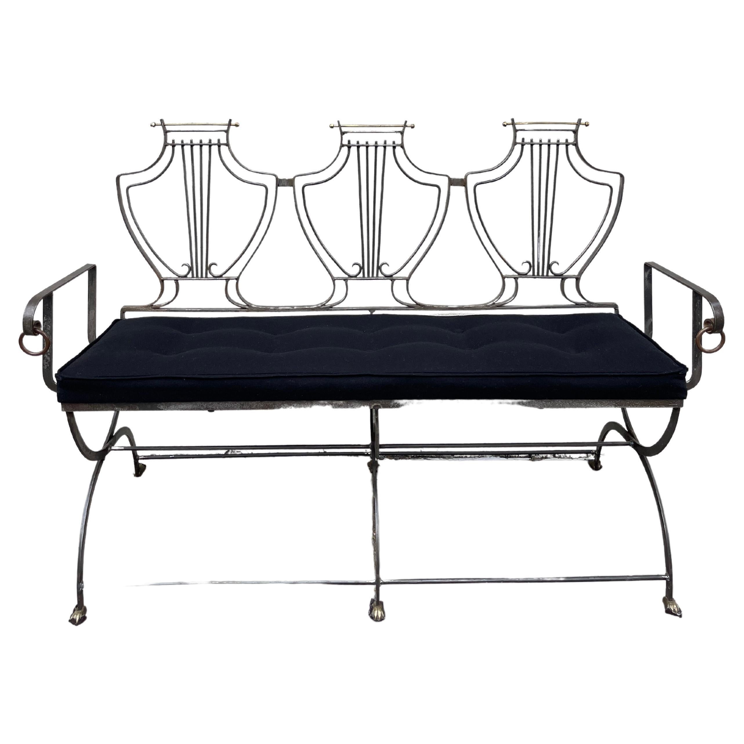 Mixed Metal Brass and Iron Bench with Tufted Seat Bottom