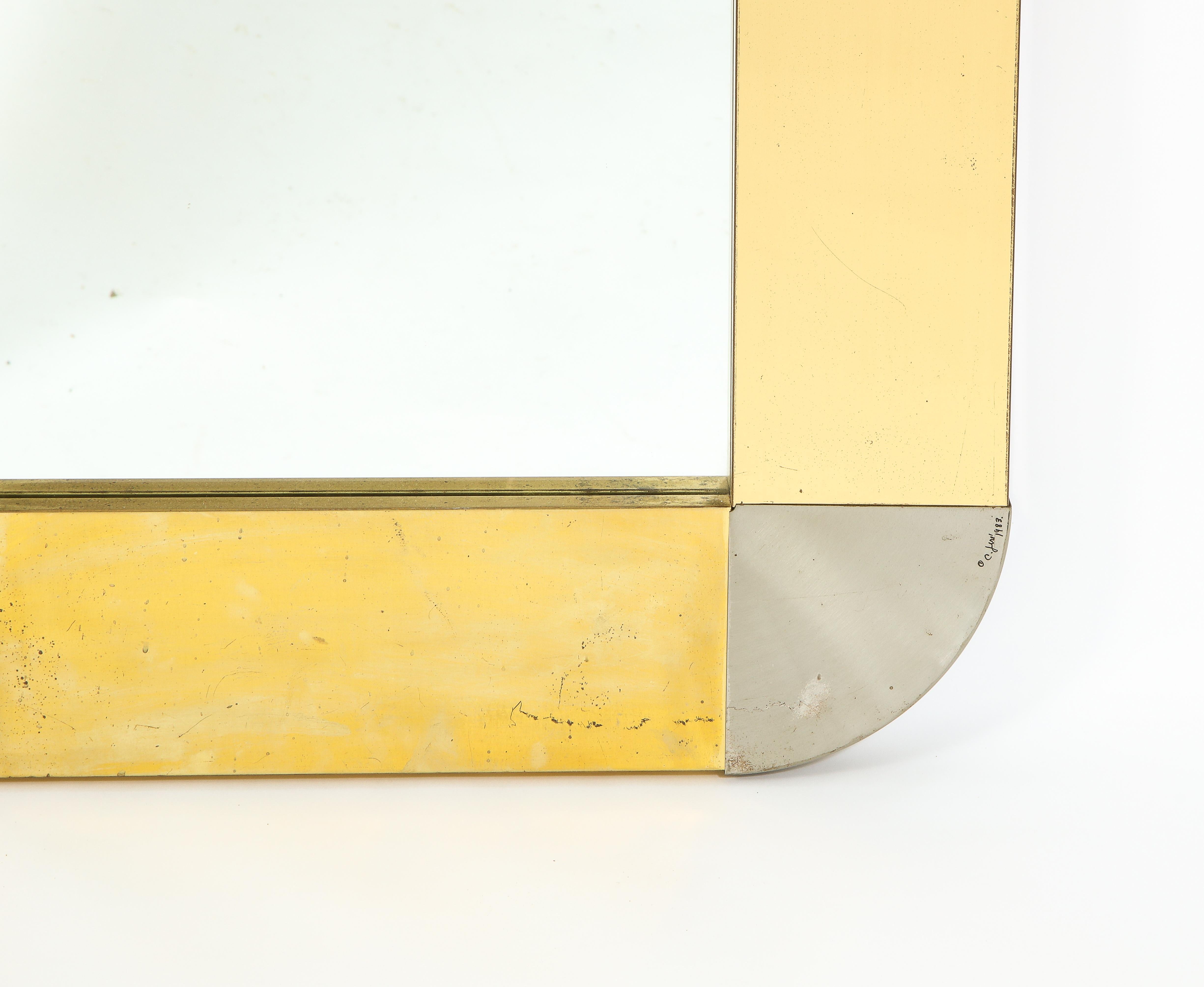 Mid-Century Modern C. Jere Mixed Metal Brass and Steel Square Mirror, USA 1960's For Sale
