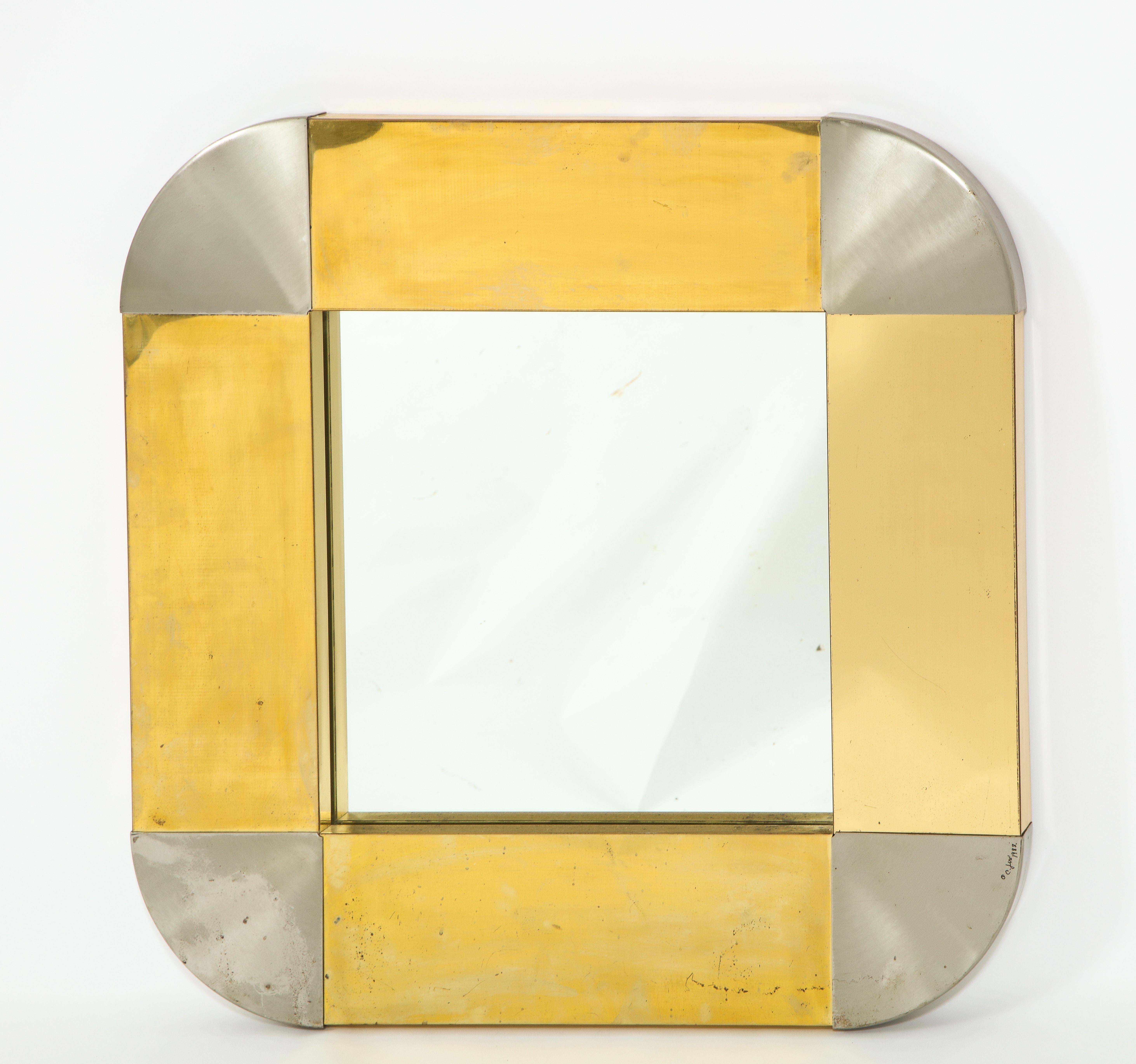 C. Jere Mixed Metal Brass and Steel Square Mirror, USA 1960's In Good Condition For Sale In New York, NY