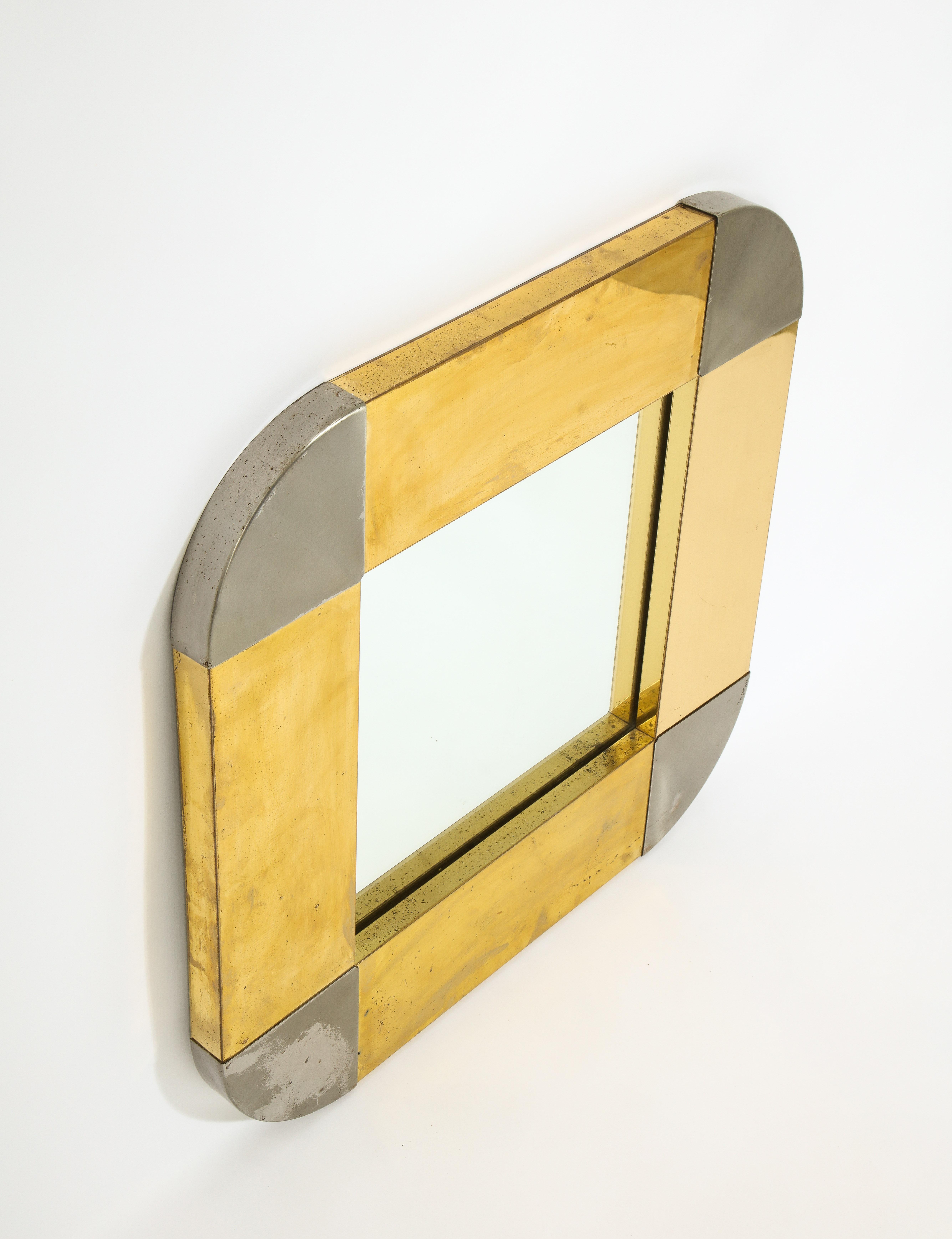20th Century C. Jere Mixed Metal Brass and Steel Square Mirror, USA 1960's For Sale