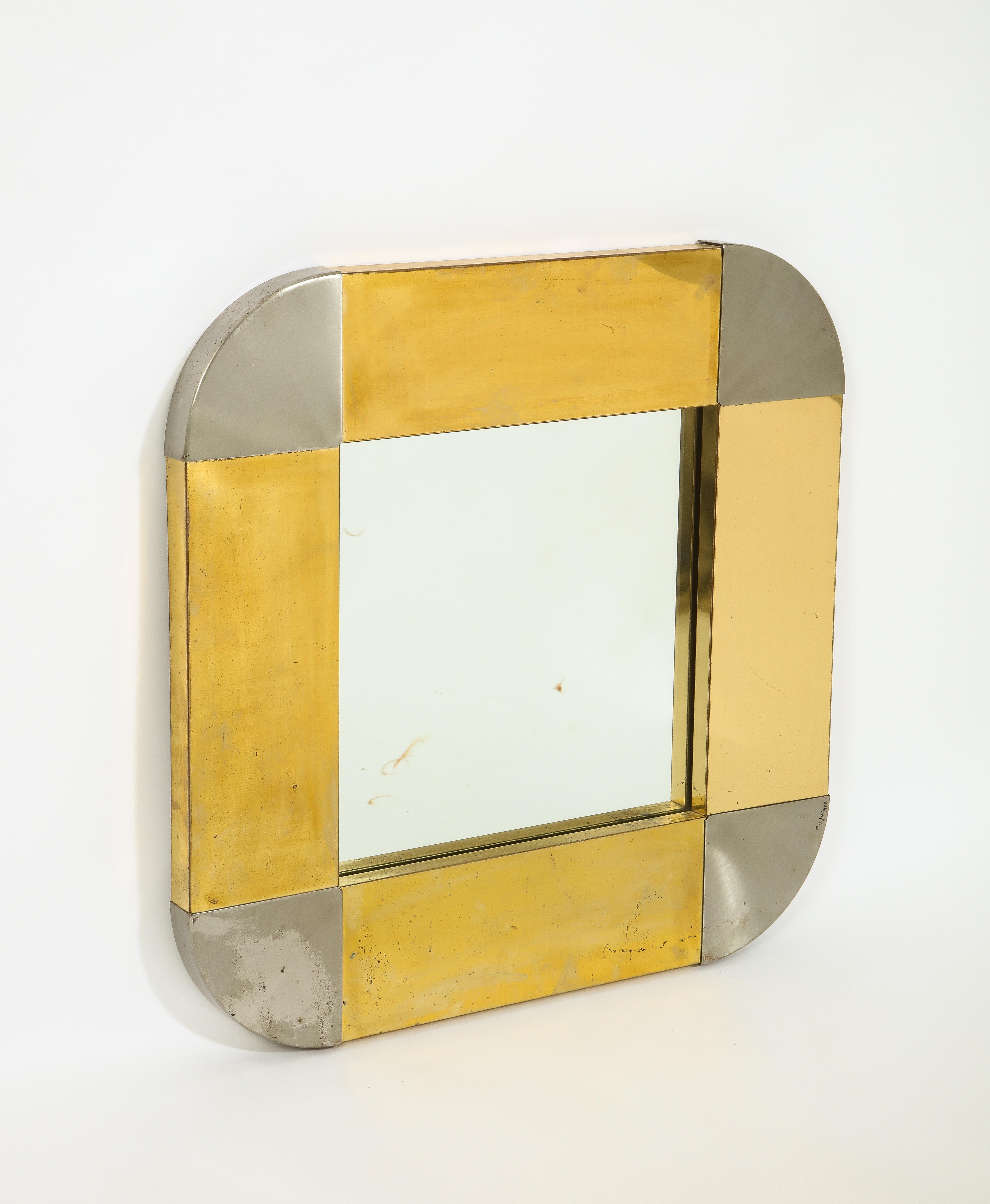 C. Jere Mixed Metal Brass and Steel Square Mirror, USA 1960's For Sale 3