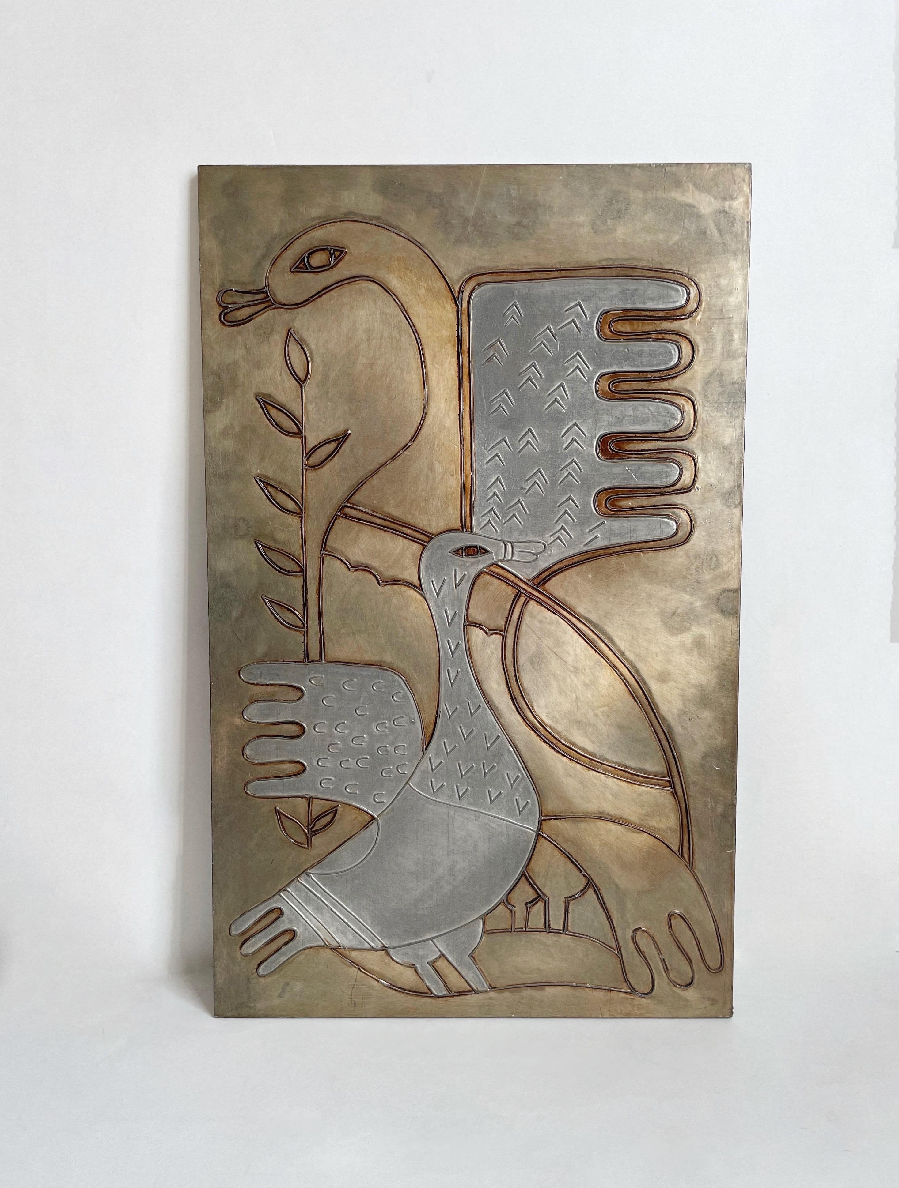 Large handmade brass bird wall hanging measuring 12