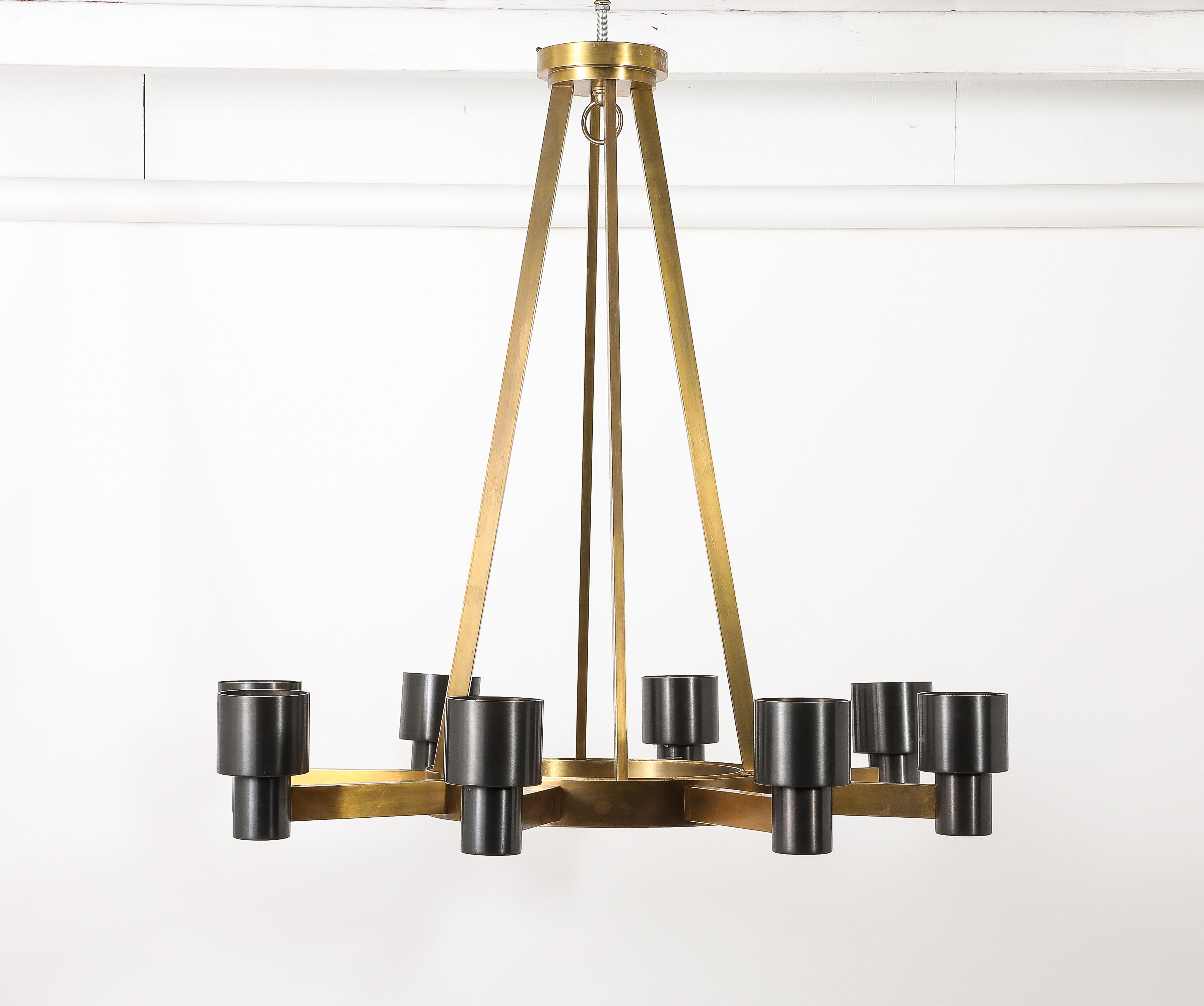 Mid-Century Modern Mixed Metal Brutalist Mid-Century Chandelier Custom Reproduction, USA 2018 For Sale