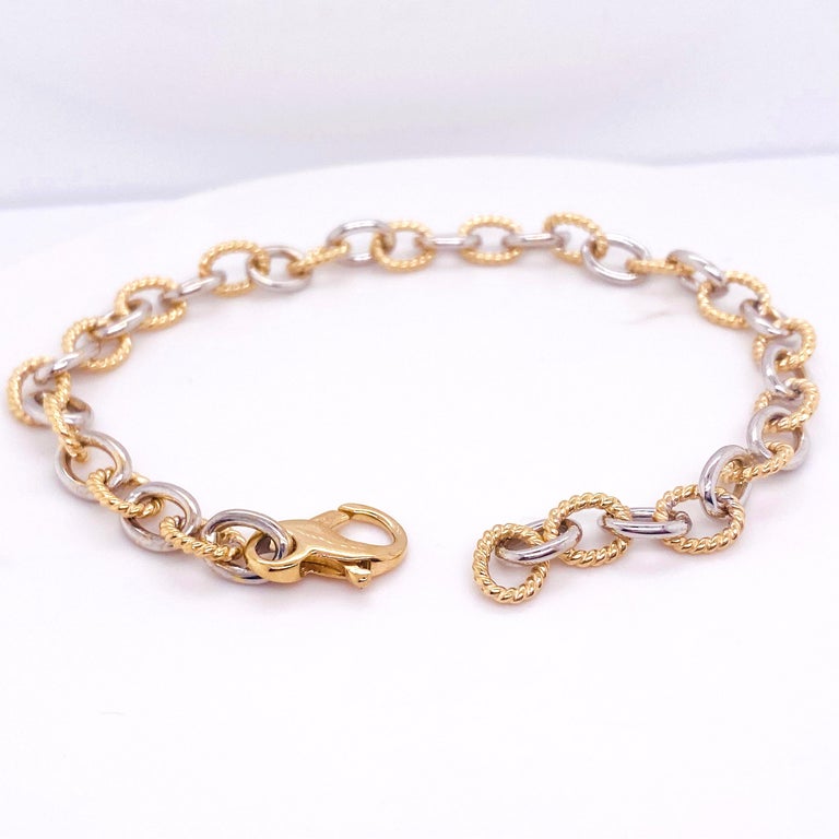Mixed Metal Chain Bracelet 14 Karat Yellow Gold, White Gold, Cable
