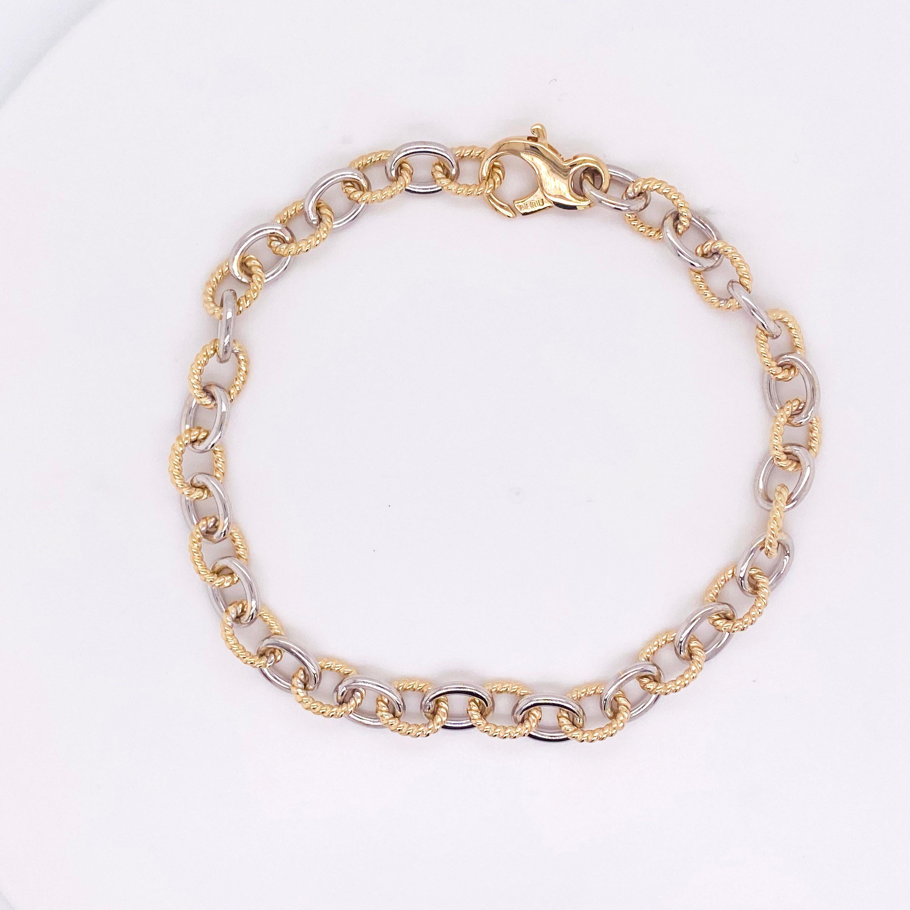 Bracelet chaîne en or jaune 14 carats, or blanc, chaîne câble 17 grammes Neuf - En vente à Austin, TX