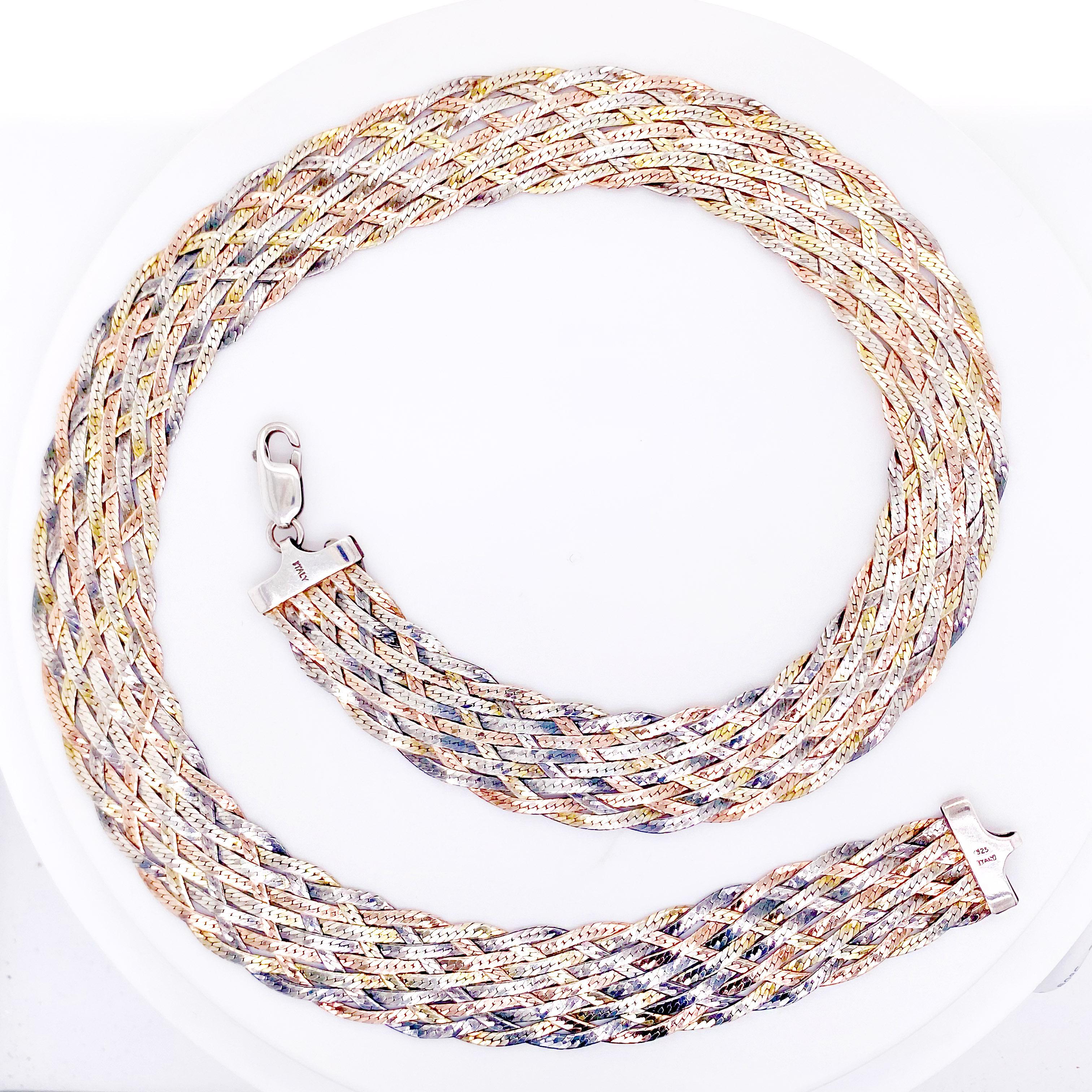 Nine braids make us this gorgeous wide choker neck chain! There are nine herringbone chains that are sterling and rose and yellow vermeil and braided to make this wide choker. Each herringbone chain is 1.75 millimeters wide and the entire necklace
