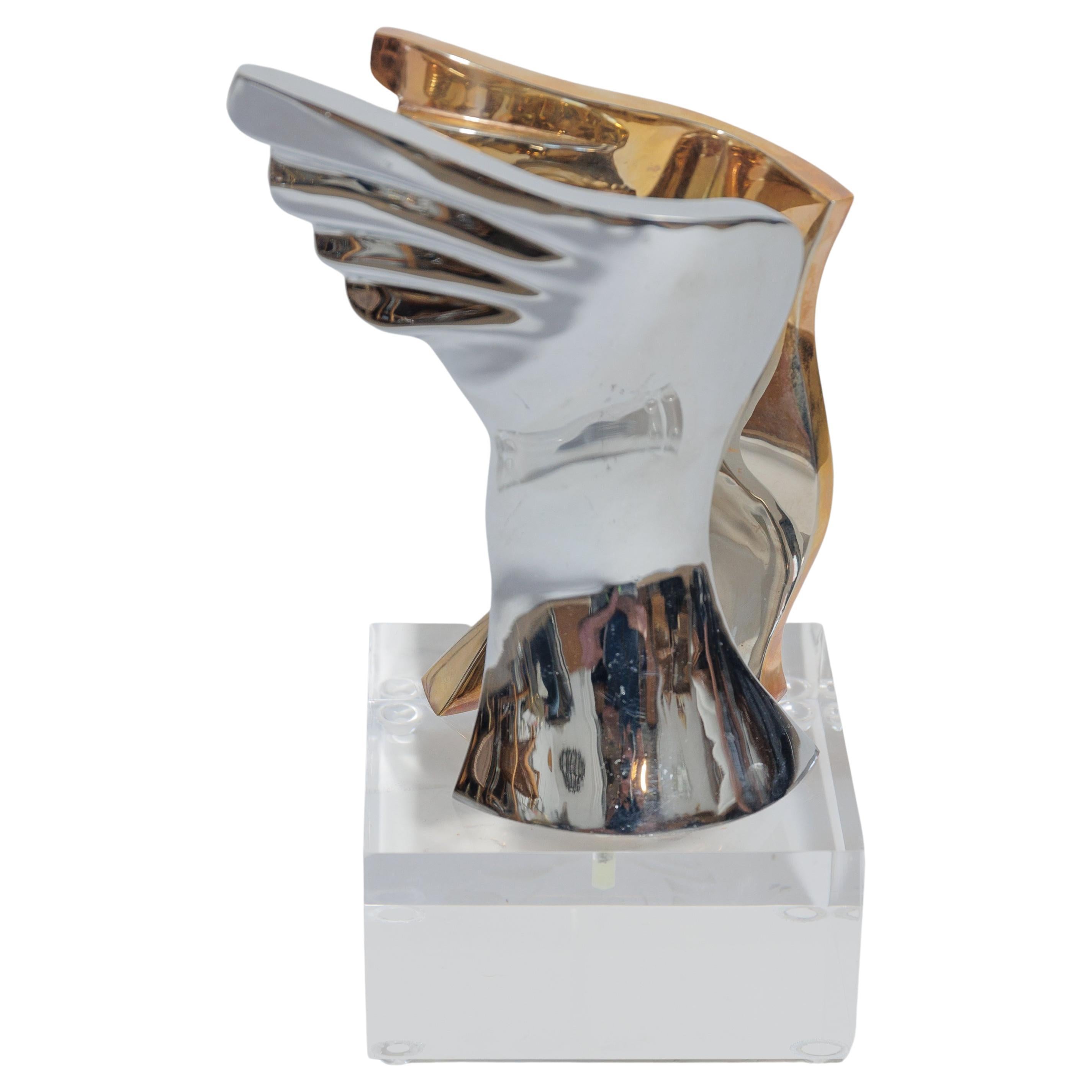 Mixed Metal (Chrome & Brass) "Winged" Sculpture with Lucite Base For Sale
