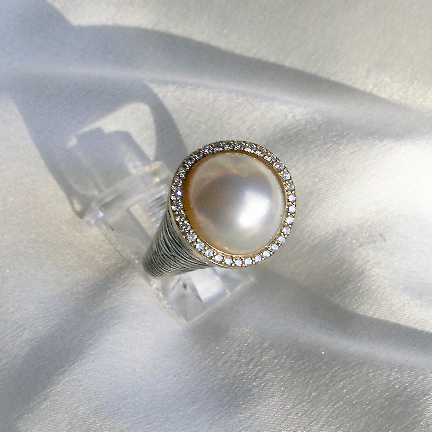 For Sale:  Mixed Metal Cocktail Ring with Silver, Yellow Gold, Diamond and Mabe Pearl 2