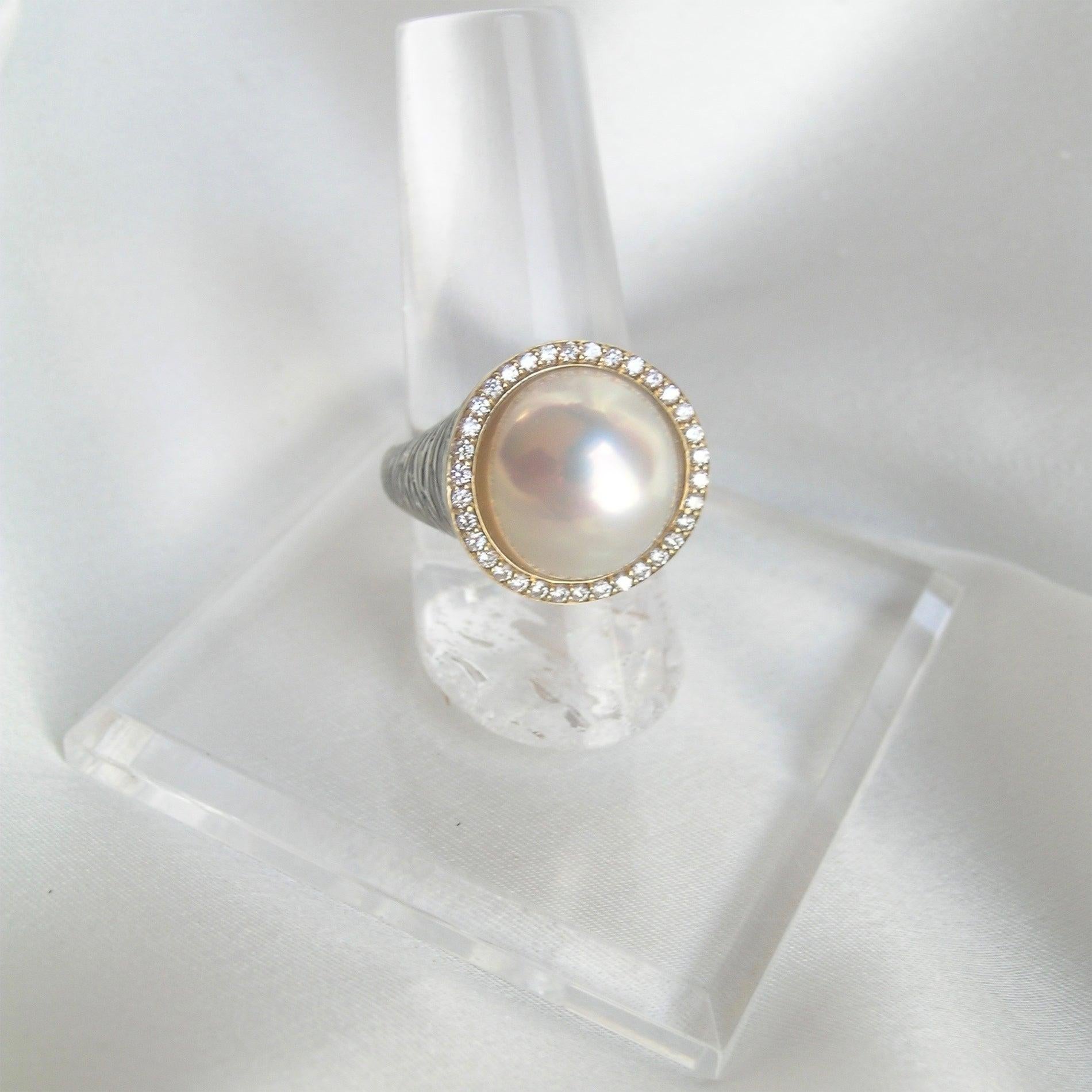 For Sale:  Mixed Metal Cocktail Ring with Silver, Yellow Gold, Diamond and Mabe Pearl 4