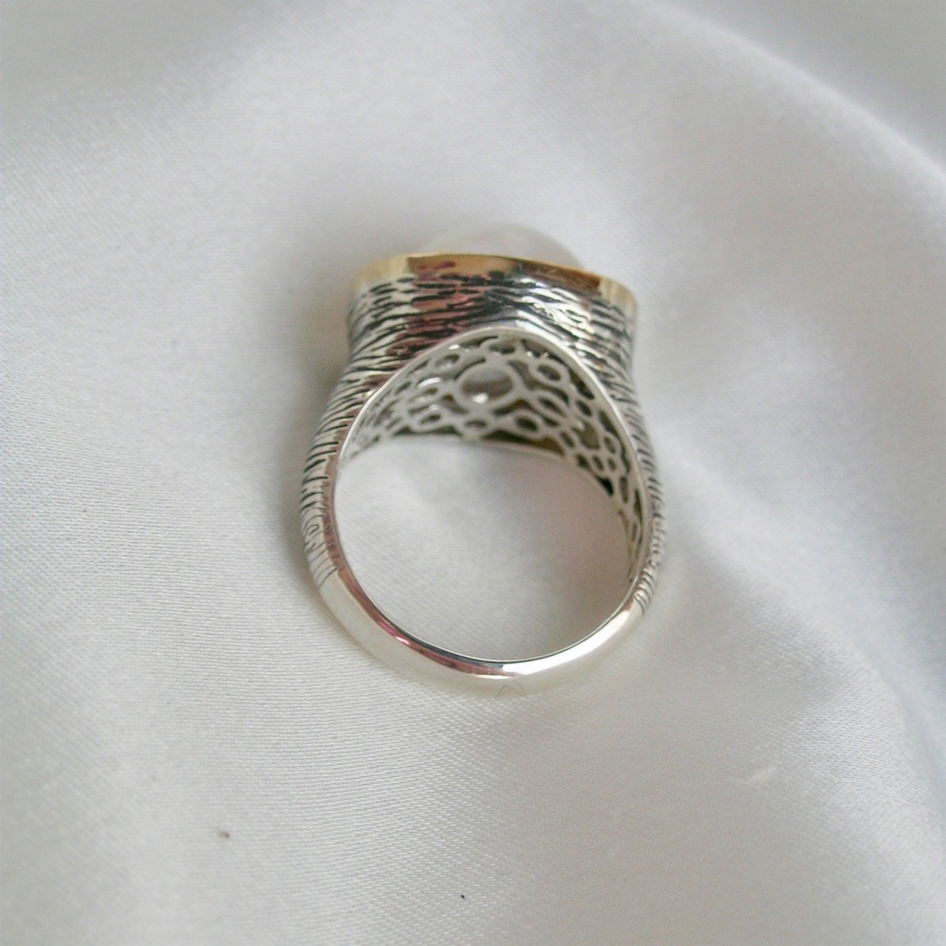 For Sale:  Mixed Metal Cocktail Ring with Silver, Yellow Gold, Diamond and Mabe Pearl 5