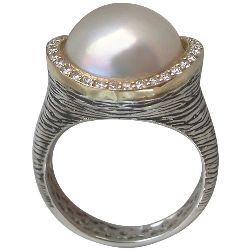 For Sale:  Mixed Metal Cocktail Ring with Silver, Yellow Gold, Diamond and Mabe Pearl