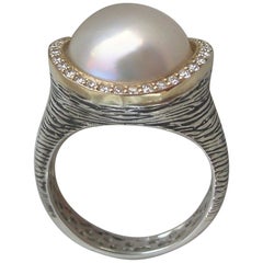 Mixed Metal Cocktail Ring with Silver, Yellow Gold, Diamond and Mabe Pearl