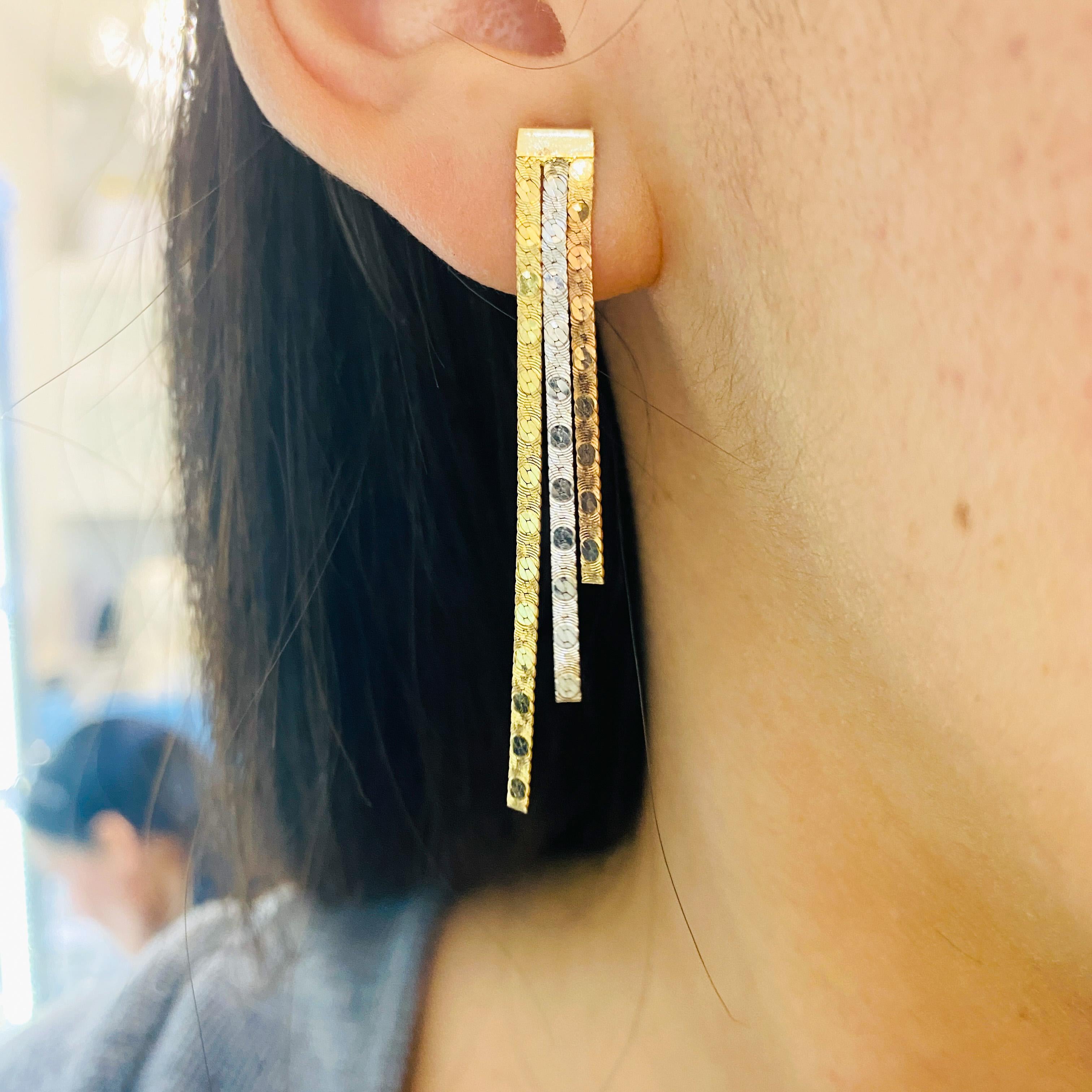 Contemporary Mixed Metal Earrings Tri-Color Herringbone Drops 1.25-2 Inches 14K Gold Chains For Sale