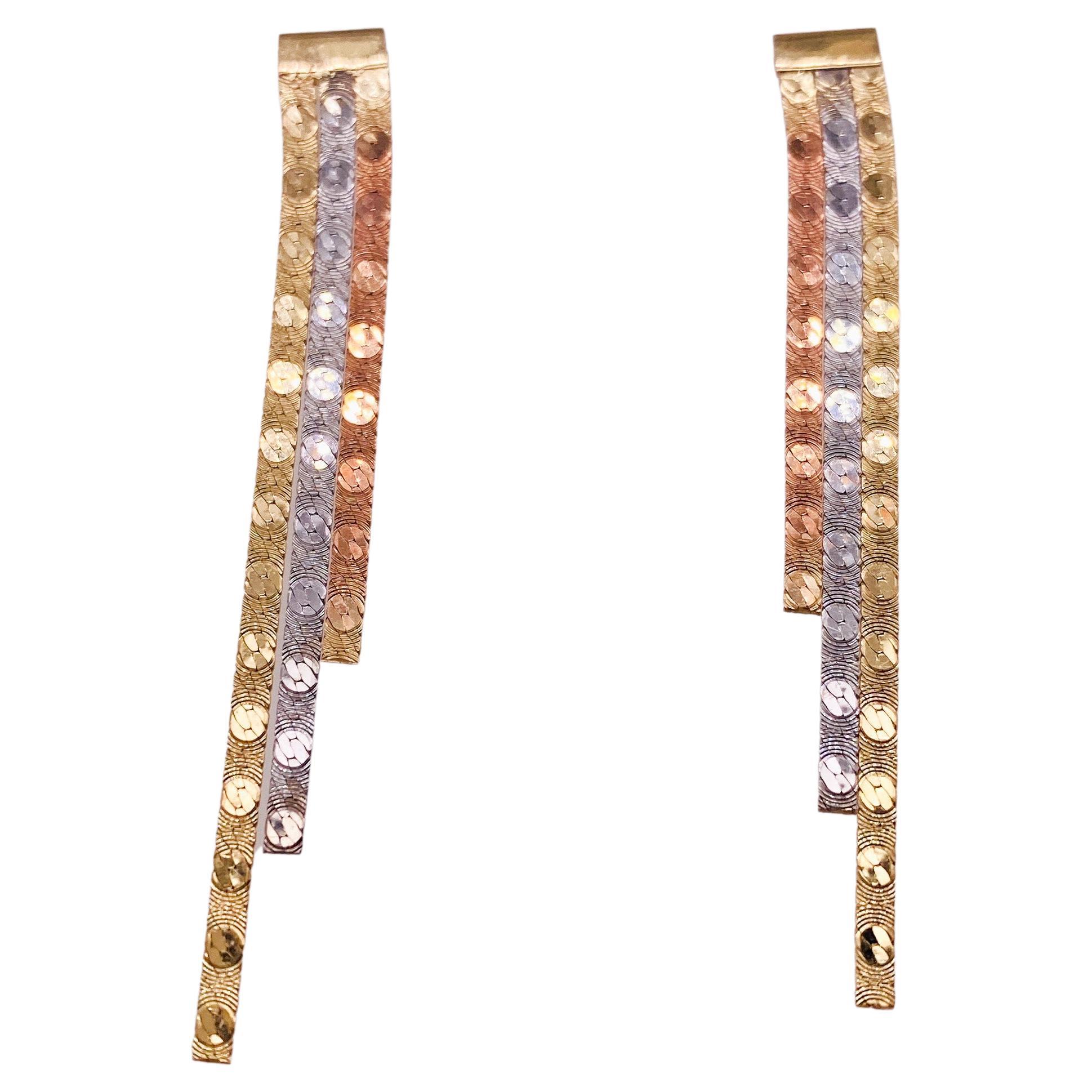 Mixed Metal Earrings Tri-Color Herringbone Drops 1.25-2 Inches 14K Gold Chains For Sale