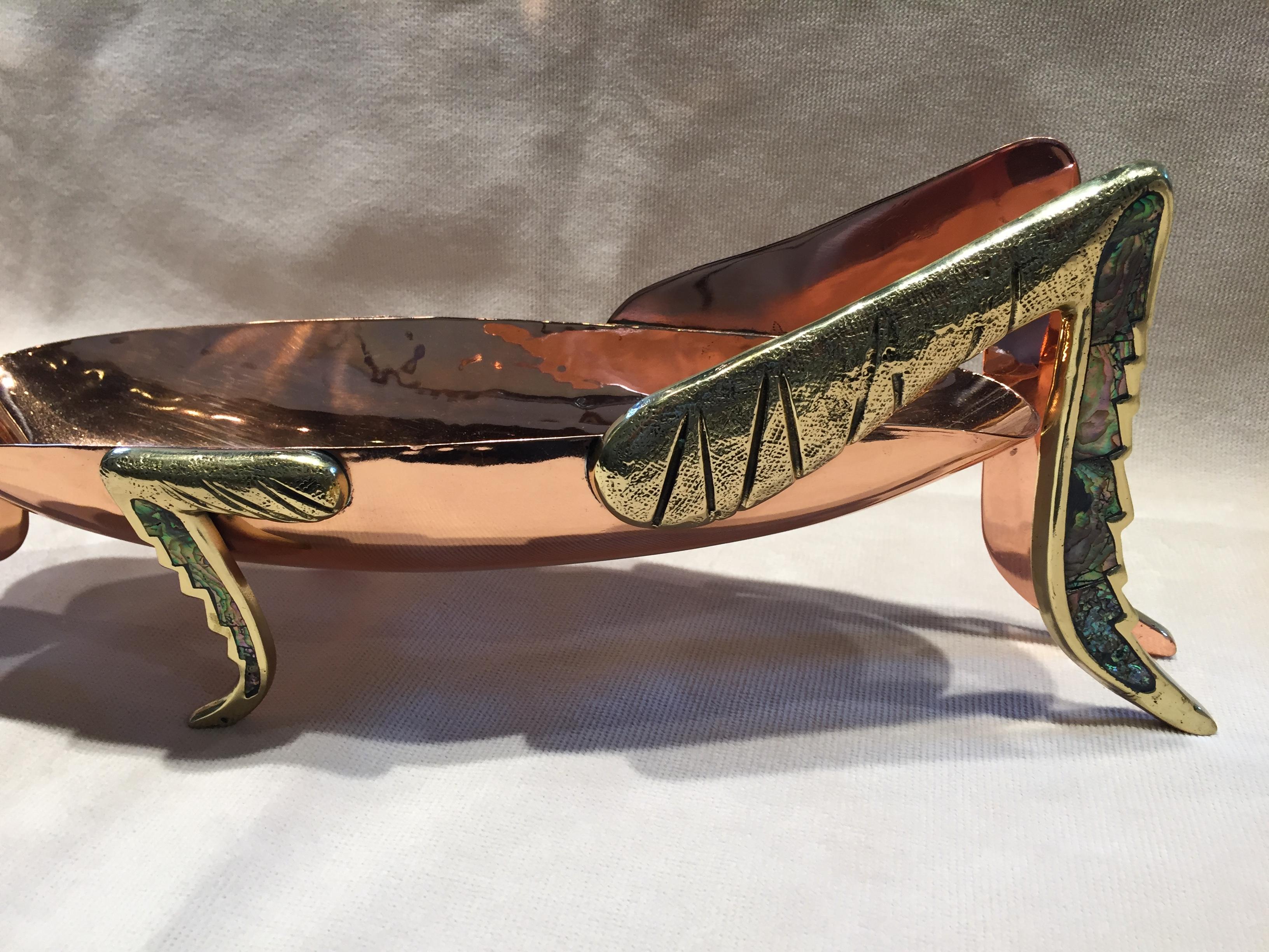 20th Century Mixed Metal Grasshopper Abalone Inlaid Centerpiece/Bowl