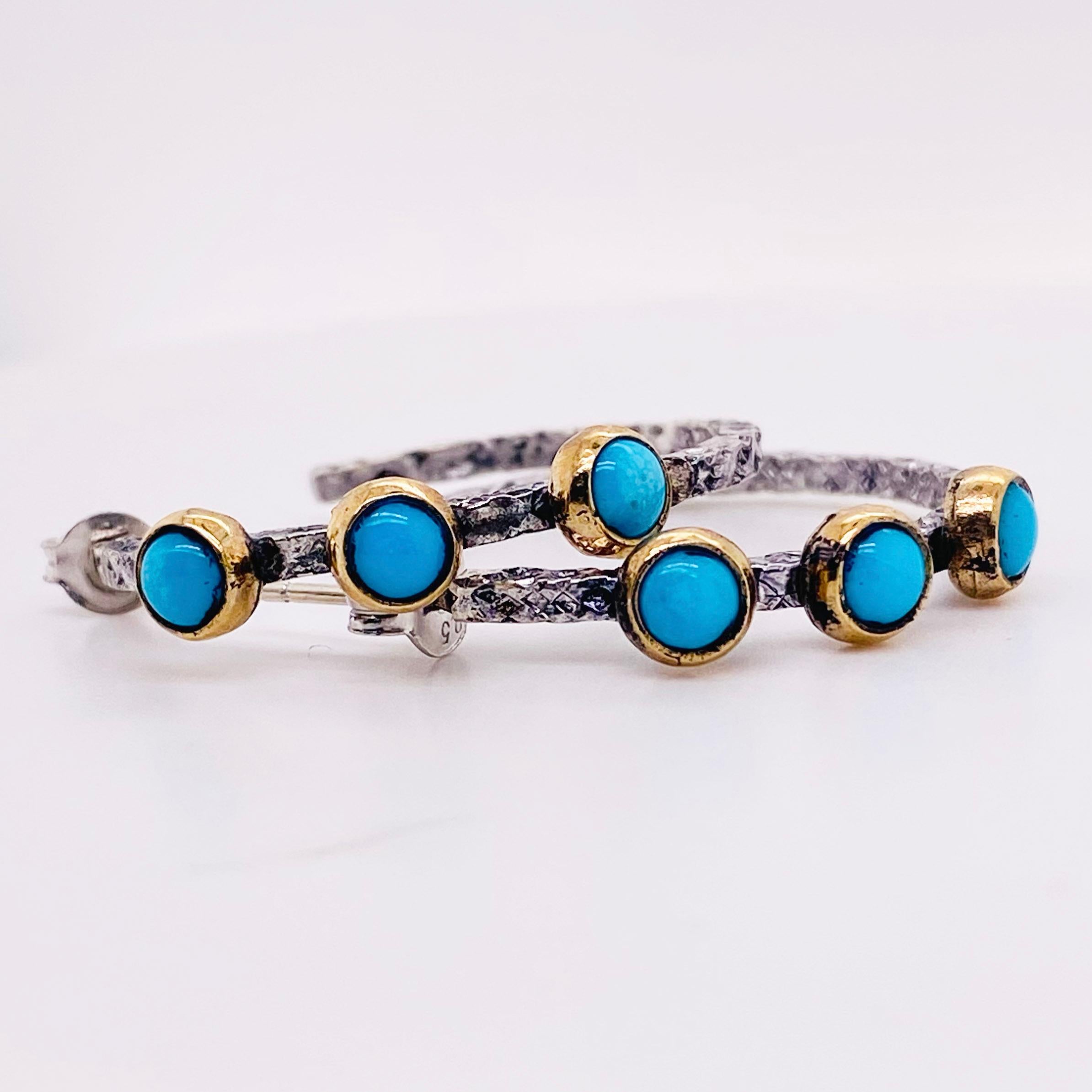 Metal Quality: Mixed Metals and Gold
Earring Type: Hoop 
Gemstone: Turquoise 
Gemstone Color:  Blue
Diameter: 5.3 mm 
Band Width: 2 mm 
Post Type: Stud 