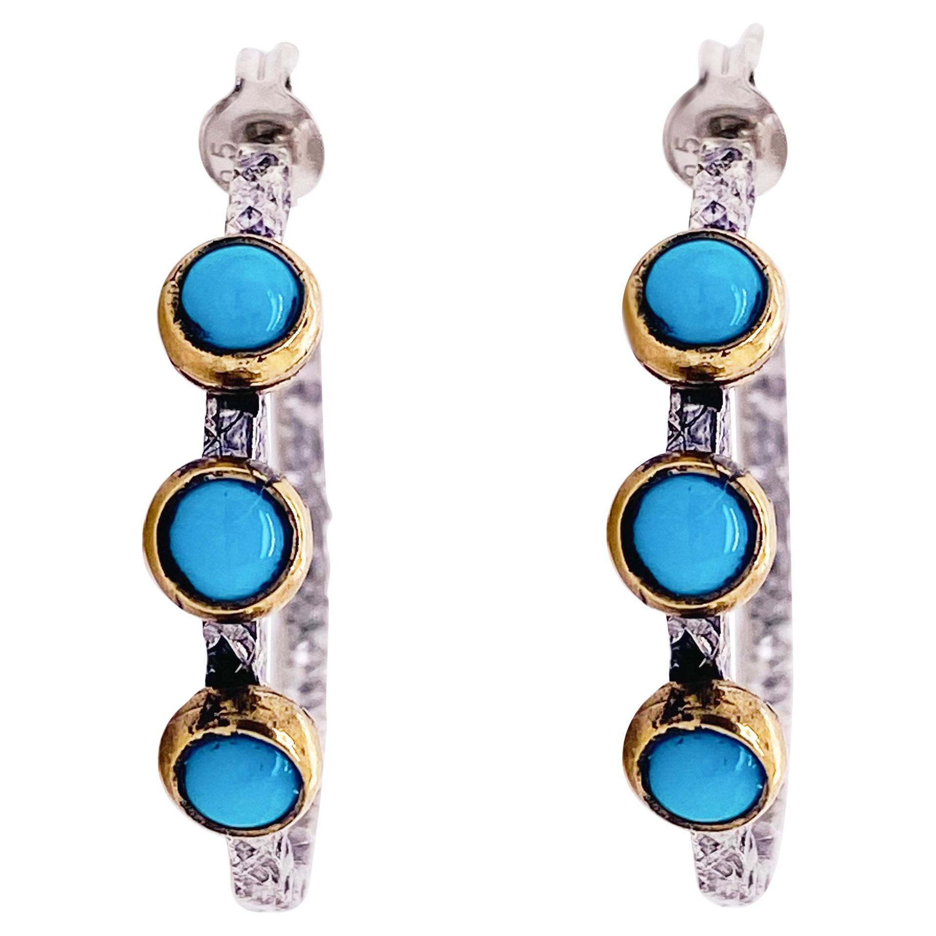Mixed Metal Hoops with Turquoise Stones and Gold Bezels