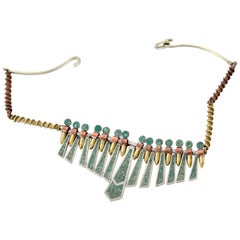 Mixed Metal MALACHITE Mosaic Choker Fringe Bib NECKLACE Mexican Modernist 1960s