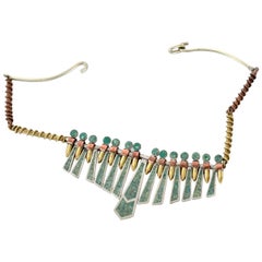 Mixed Metal MALACHITE Mosaic Choker  Fringe Bib NECKLACE Mexican Modernist 1960s