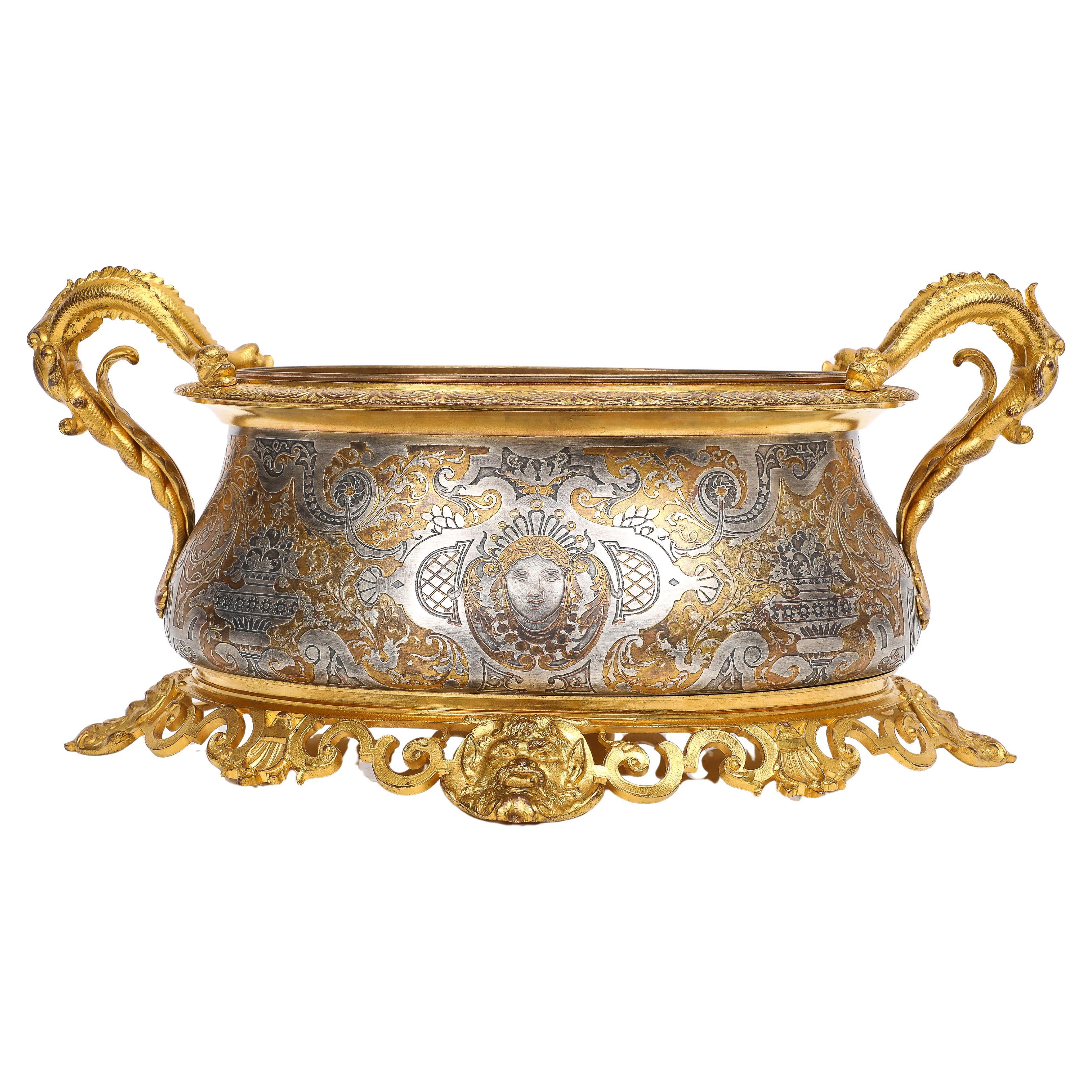 Mixed Metal Ormolu Mounted Silvered & Gilt Bronze Centerpiece, Att. Christofle