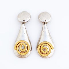 Mixed Metal Oversized Hammered Teardrop Drop Earrings With Swirl Detail, 1980s