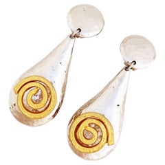 Mixed Metal Oversized Hammered Teardrop Drop Earrings With Swirl Detail, 1980s