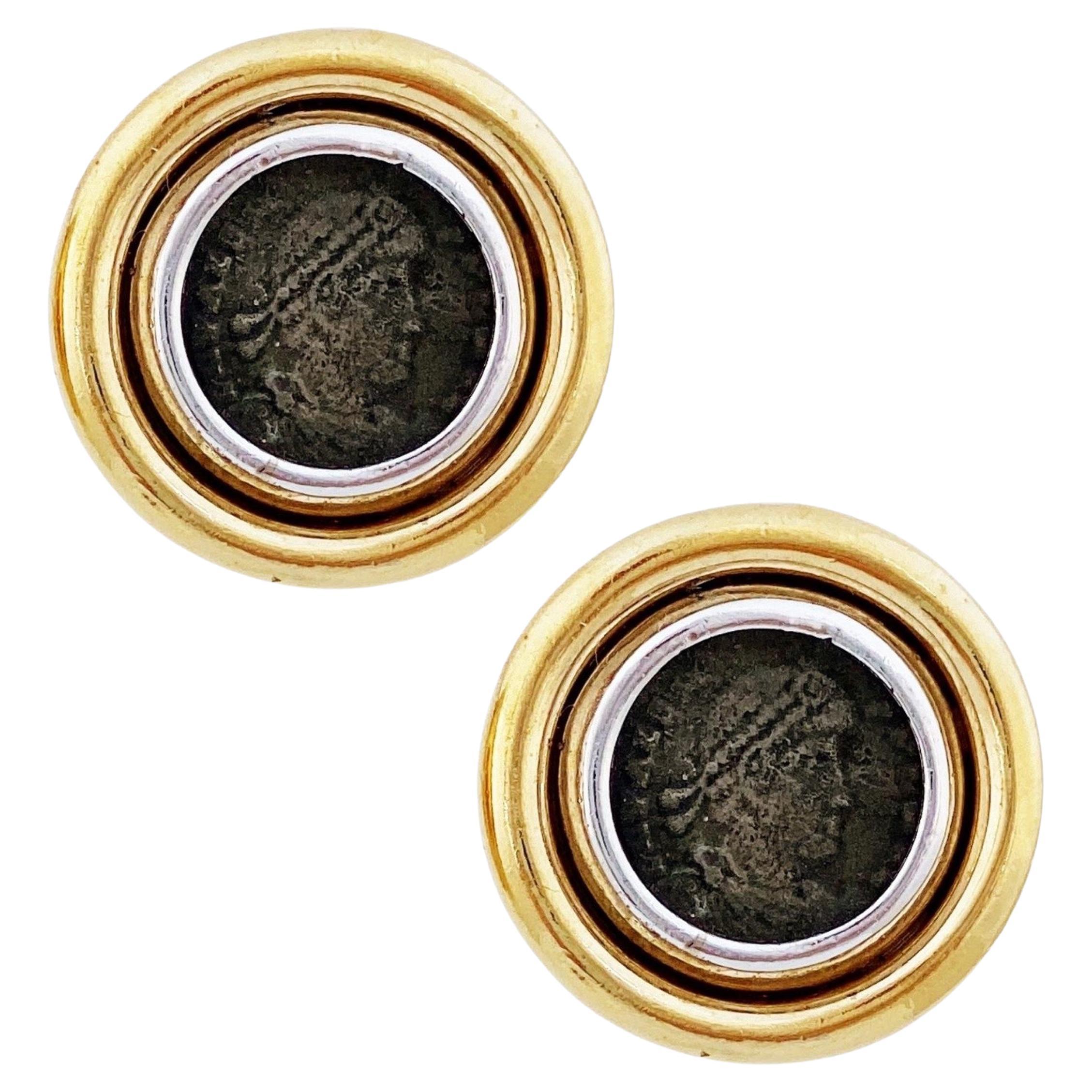 Mixed Metal Roman Coin Button Earrings By Ciner, 1980s For Sale