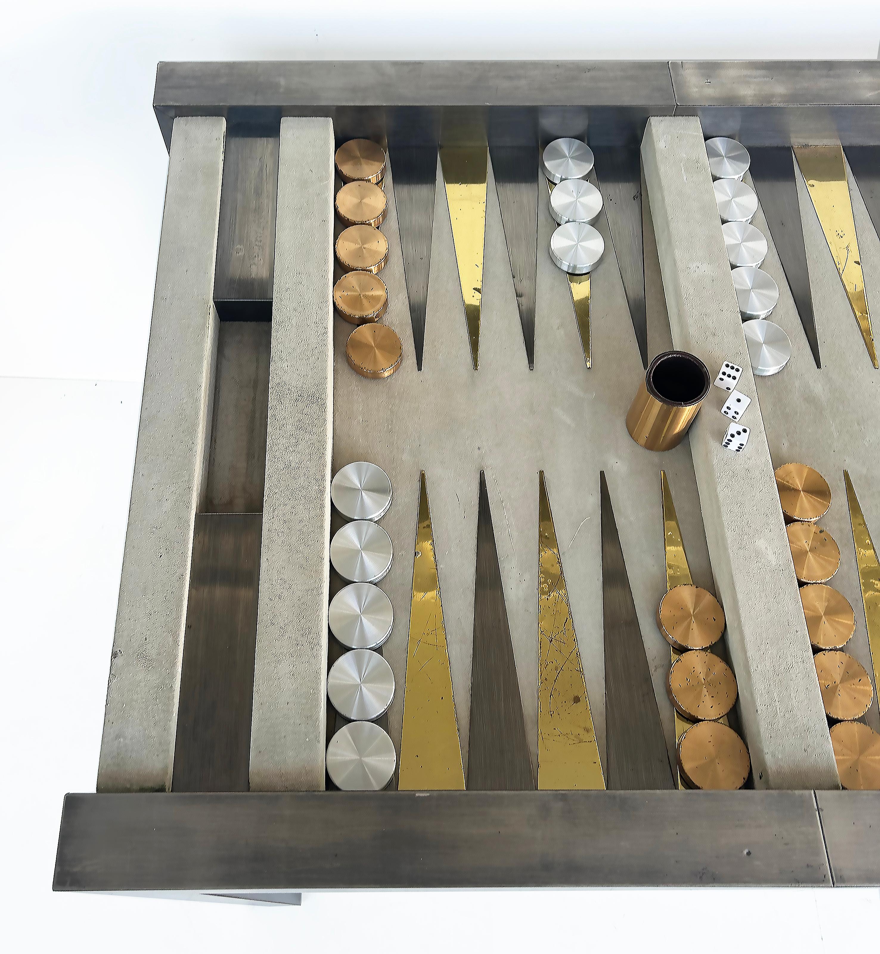 20th Century Mixed Metal/Suede Backgammon Table Paul Evans/Karl Springer Style with Pieces
