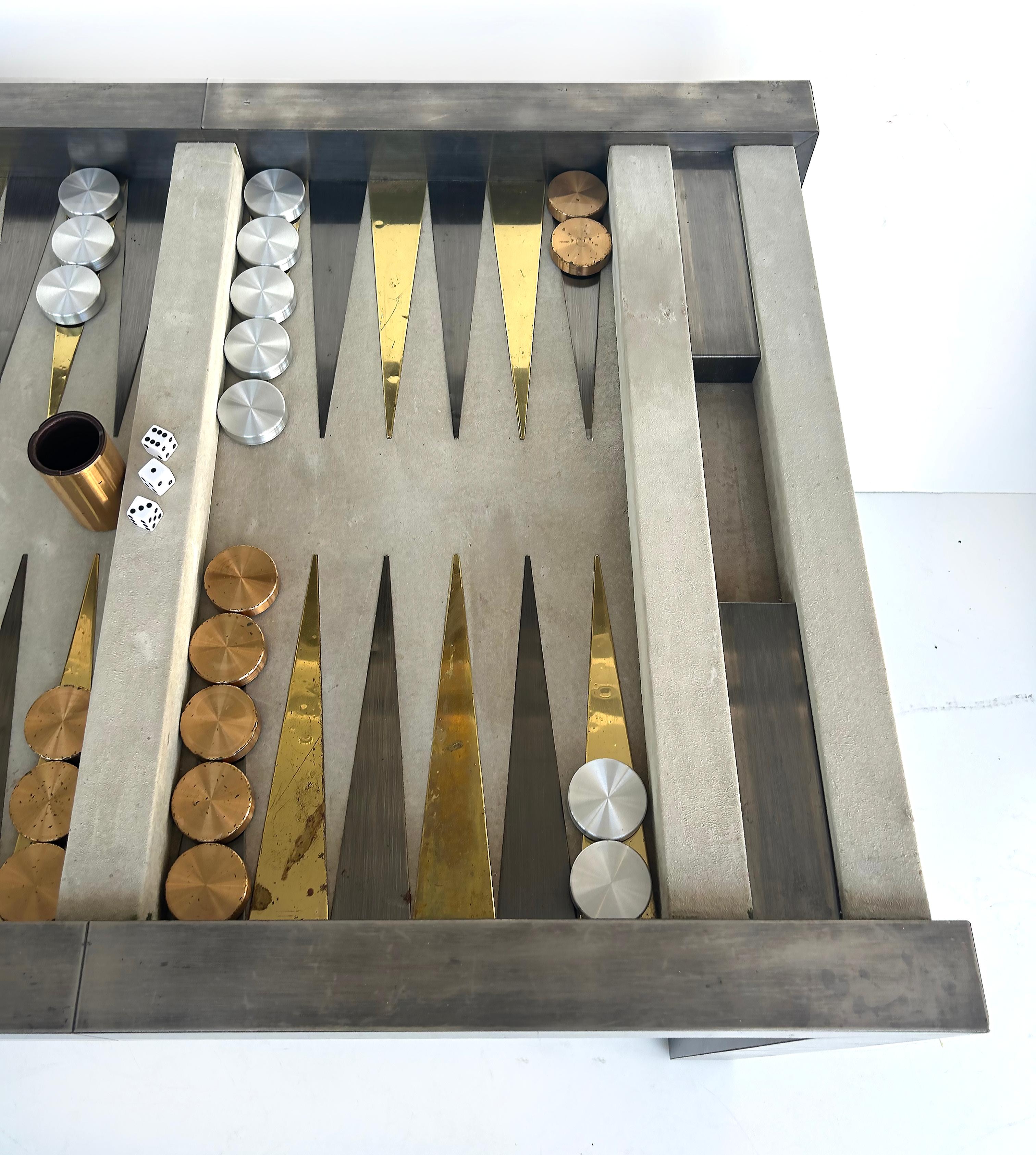 Mixed Metal/Suede Backgammon Table Paul Evans/Karl Springer Style with Pieces 1