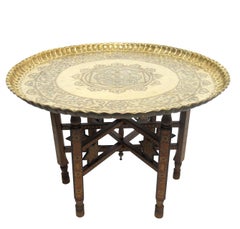 Mixed Metal Tray Table with Inlay Wood Stand, Syrian, Late 19th Century