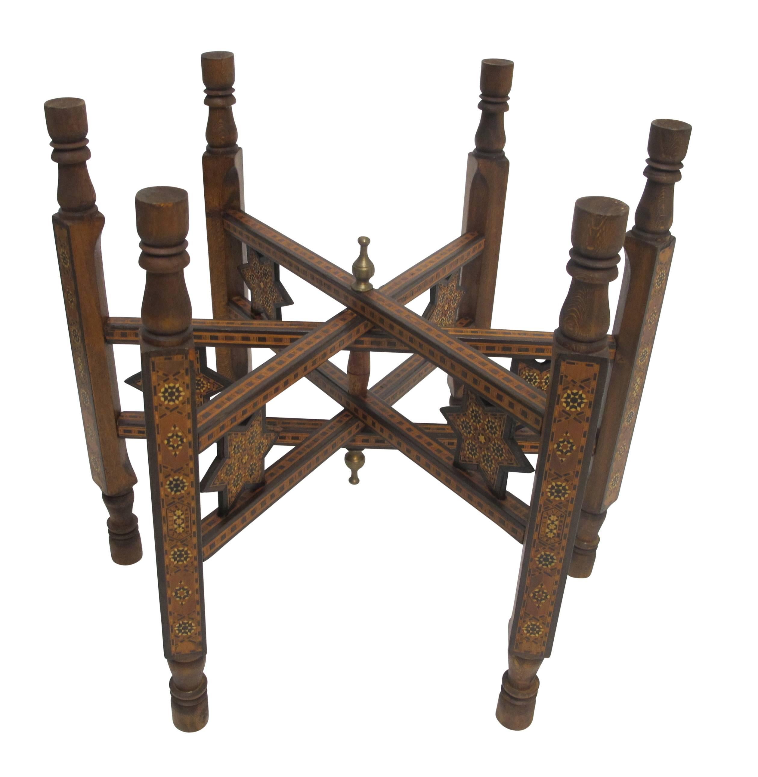 Mixed Metal Tray Table with Inlay Wood Stand, Syrian, Late 19th Century In Excellent Condition In San Francisco, CA