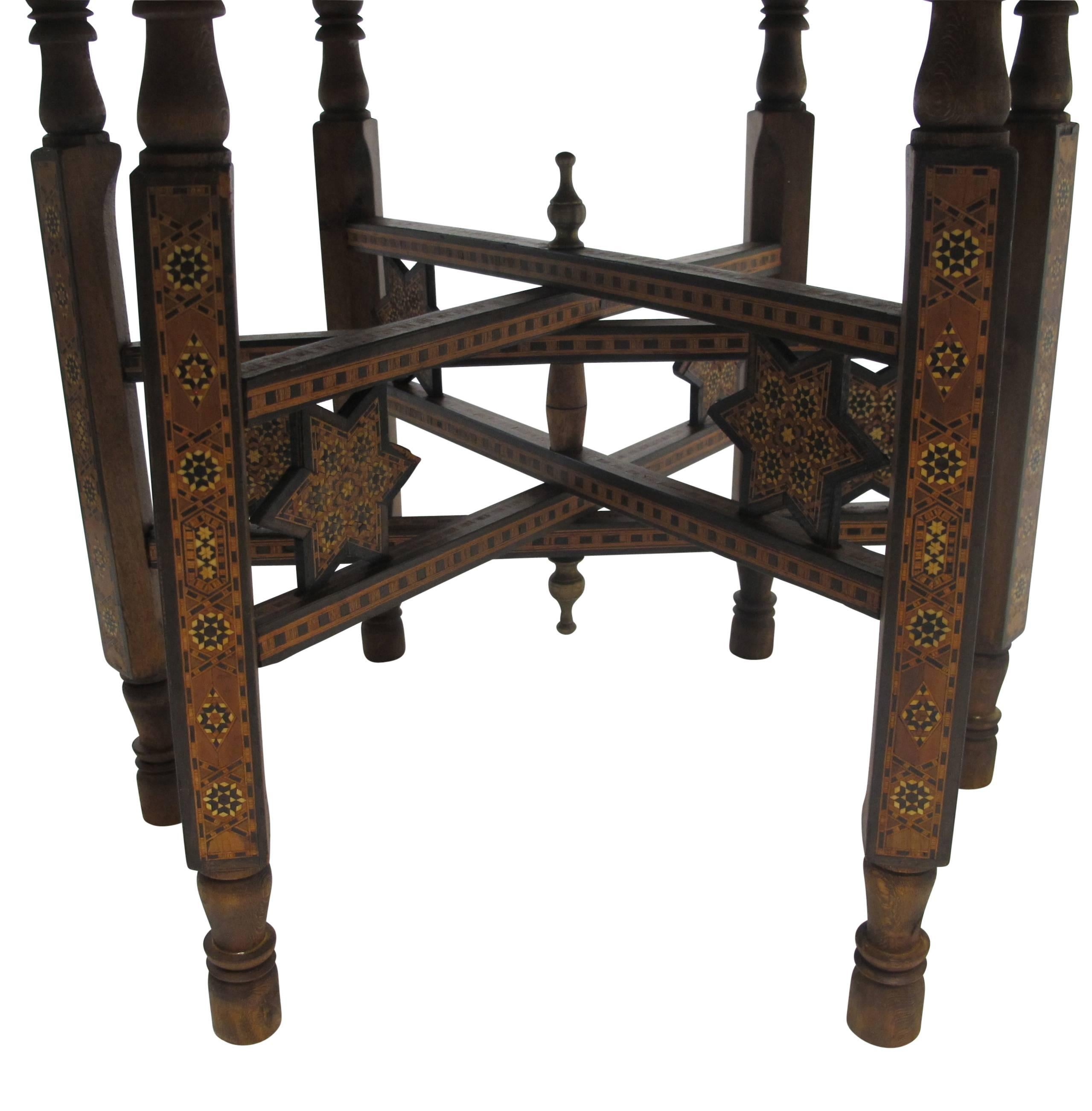 Silver Mixed Metal Tray Table with Inlay Wood Stand, Syrian, Late 19th Century