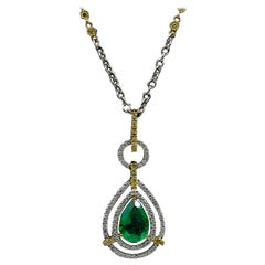 GIA Certified 3.16 Carat Pear Shape Emerald and 1.15 Carat Diamond Necklace