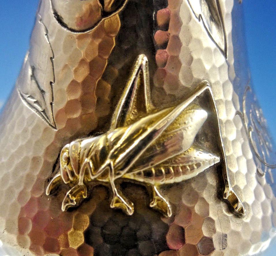 American Mixed Metals by Gorham Sterling Bud Vase Applied Gold Grasshopper Antique