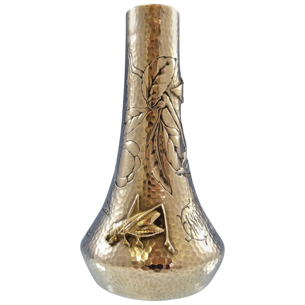 Mixed Metals by Gorham Sterling Bud Vase Applied Gold Grasshopper Antique