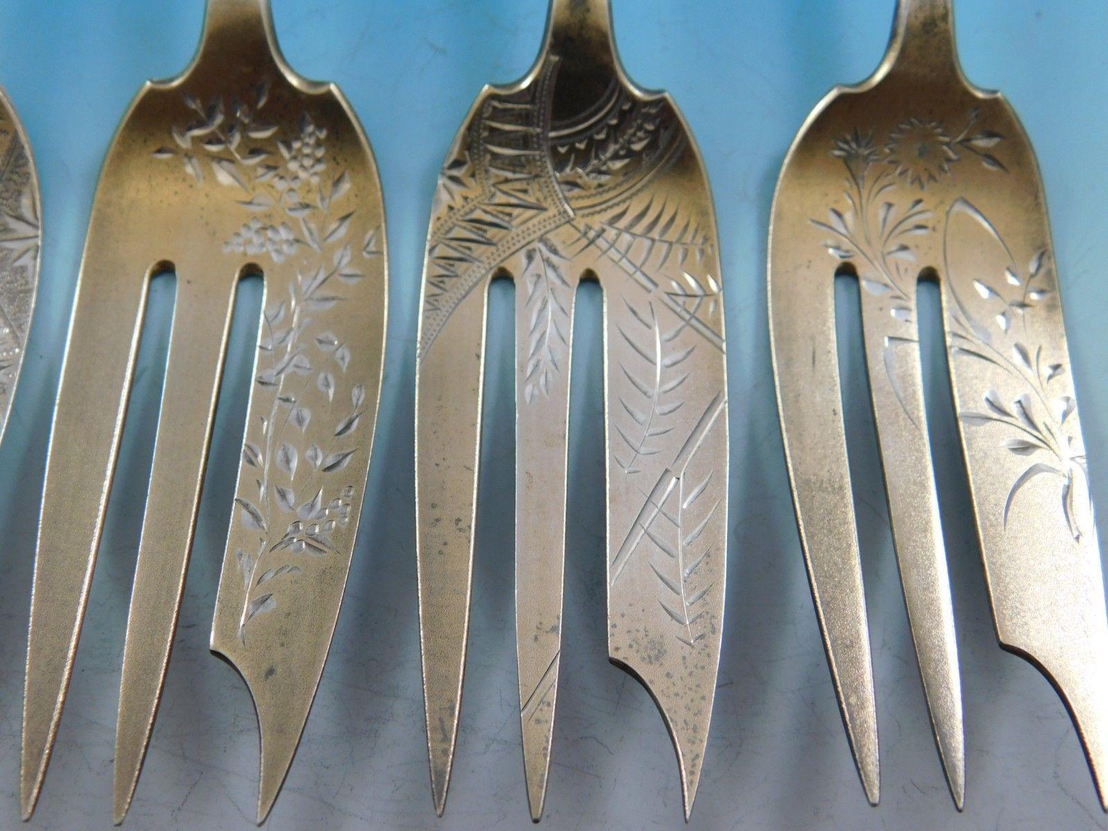 19th Century Mixed Metals by Gorham Sterling Silver Set of Six Pie Forks Aesthetic Japanesque