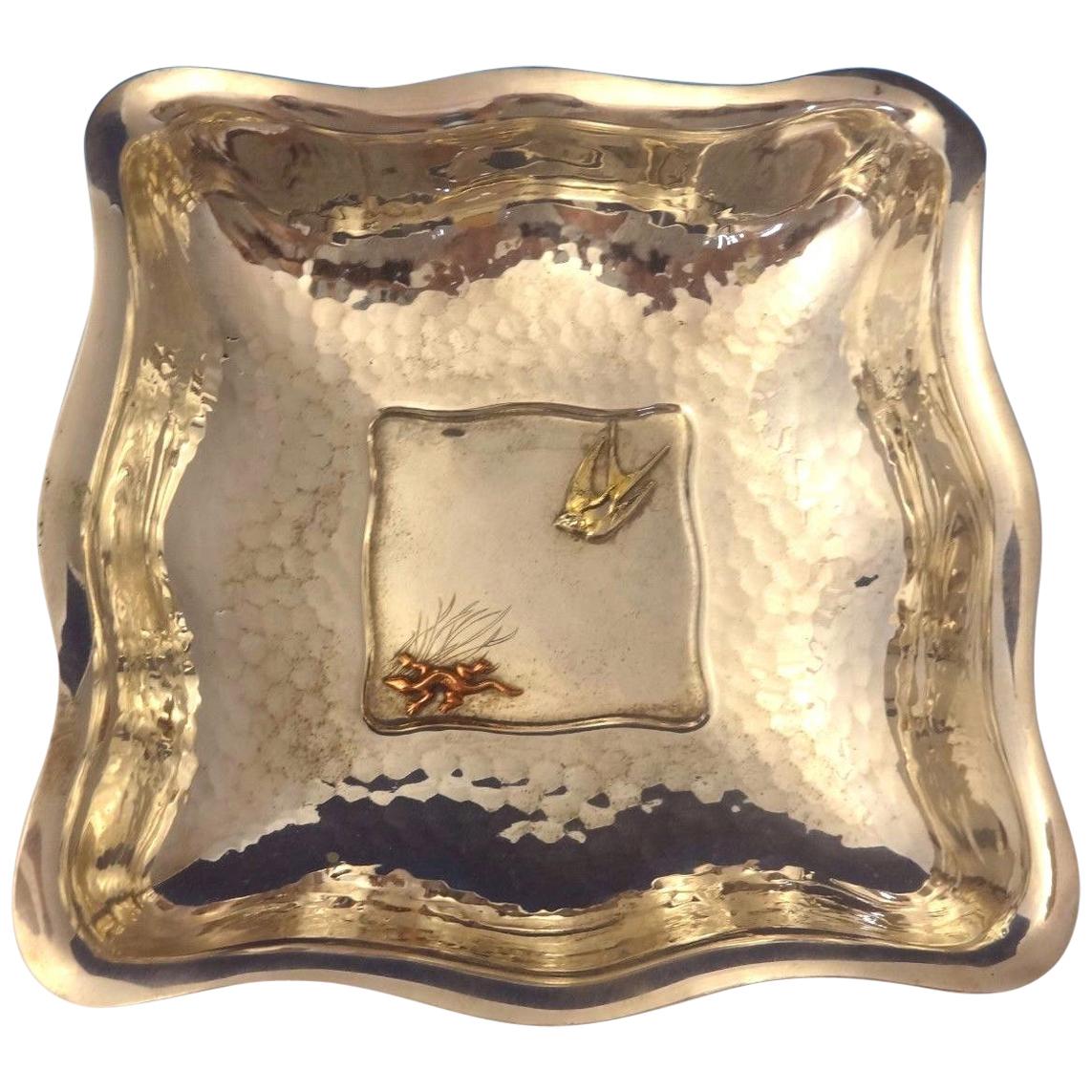 Mixed Metals by Whiting Sterling Bowl Square Applied Bird & Lizard